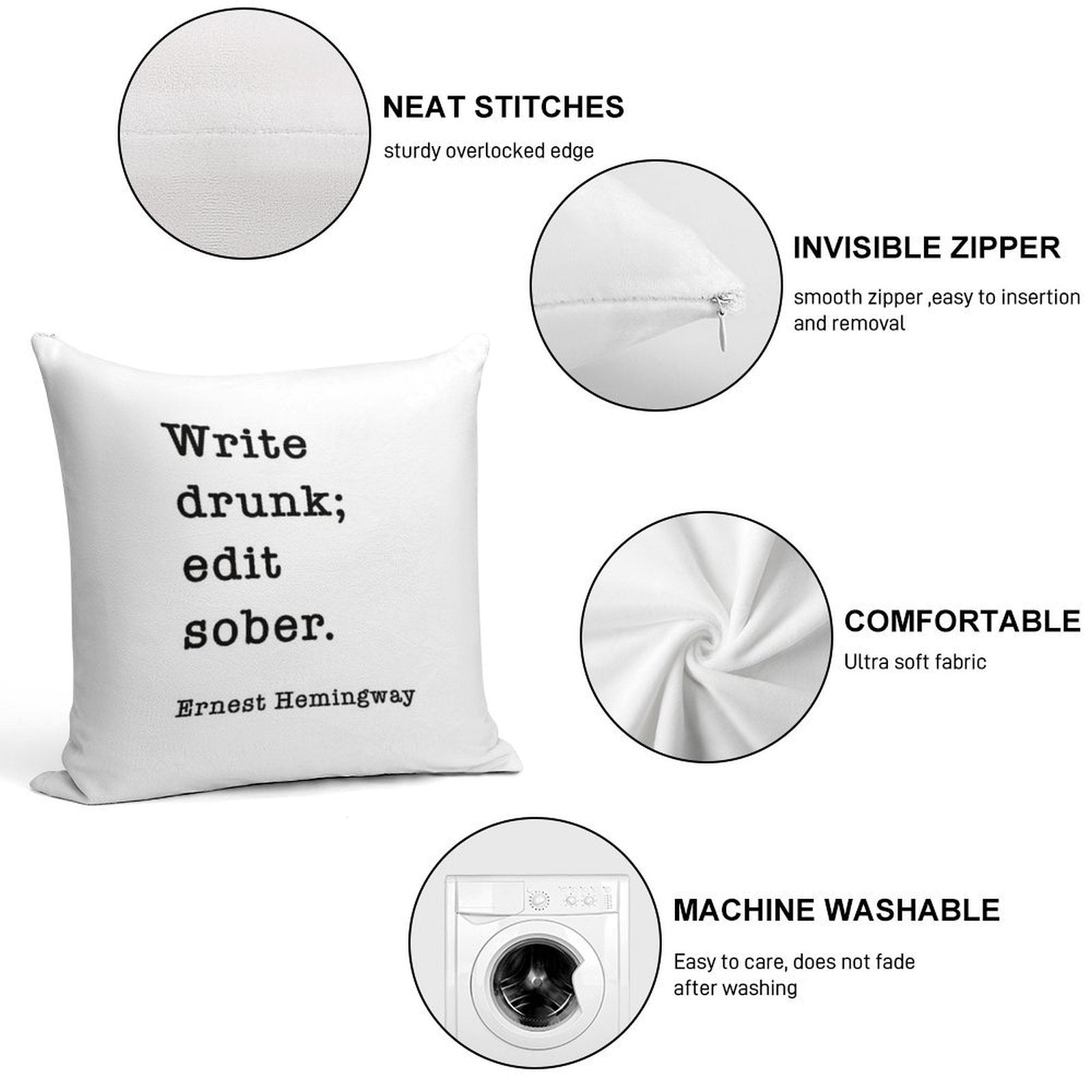 Write Drunk. Edit Sober. - Ernest Hemingway Writers Quote Soft Home Decor Throw Pillow