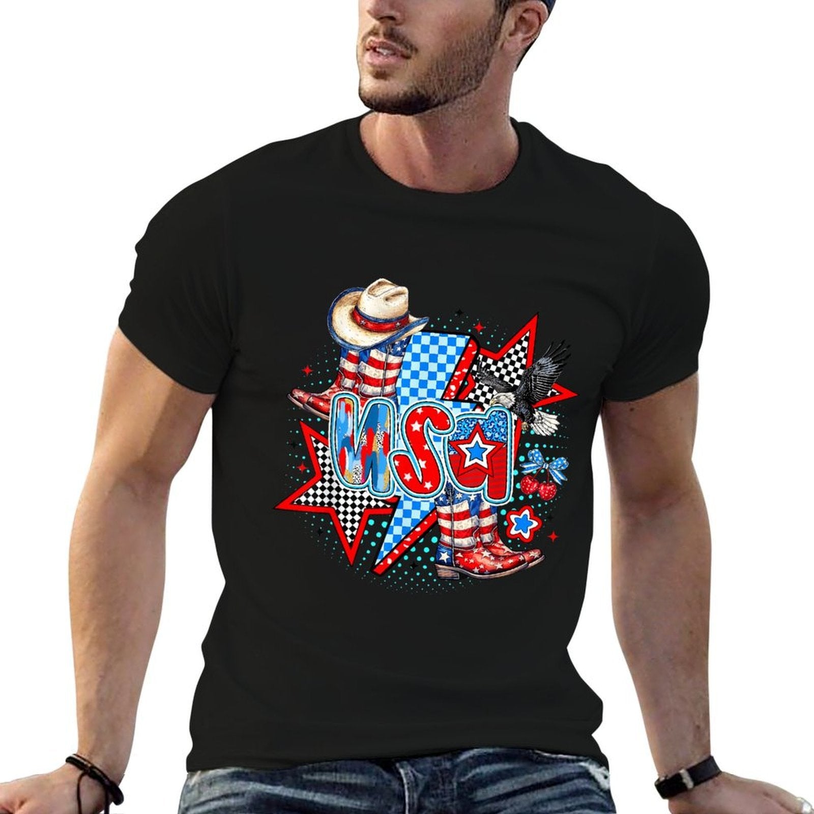 Retro USA Cowboy Boots Western Patriotic 4th of July  Vintage-inspired T-Shirt