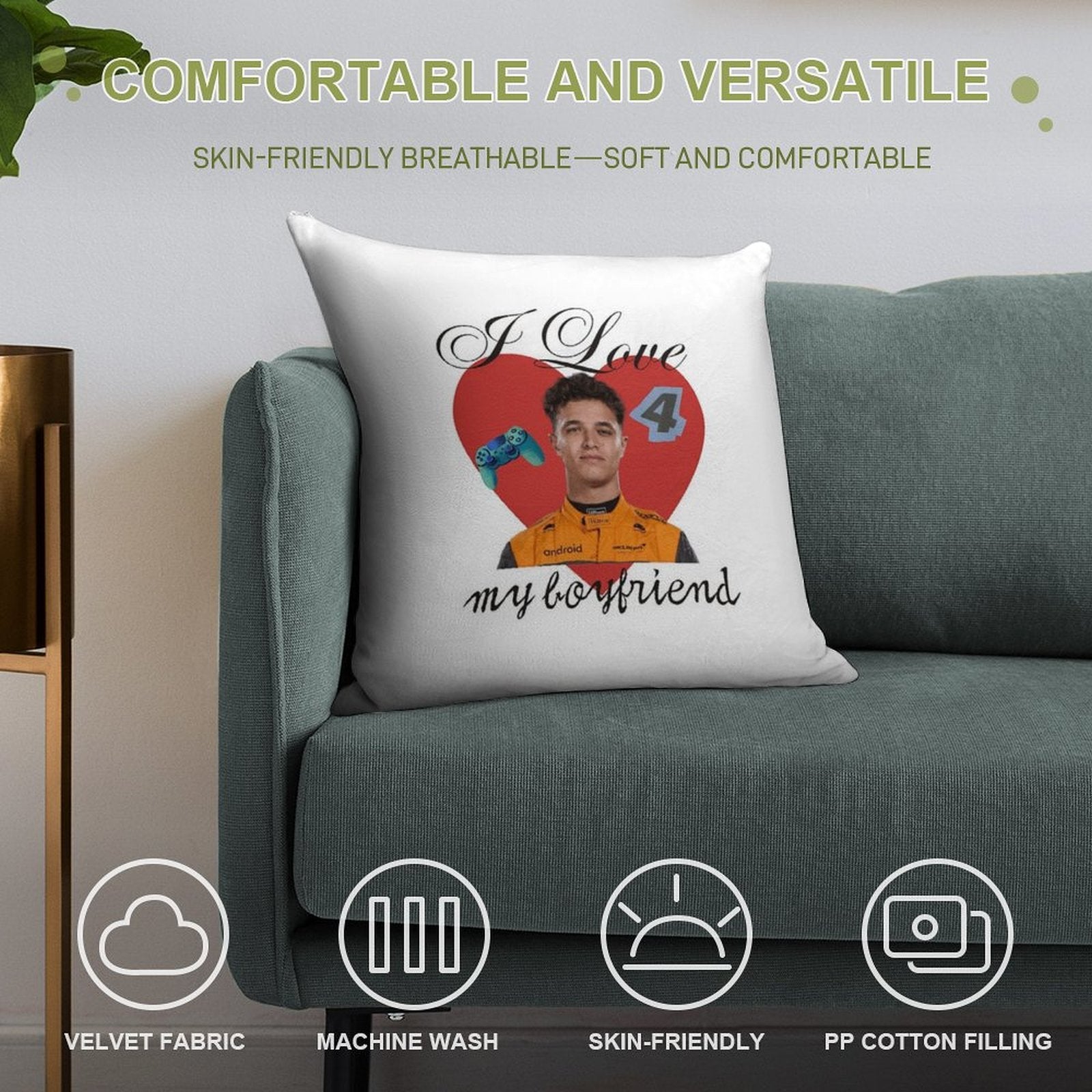 I Love My Boyfriend Lando Norris Soft Skin-Friendly Throw Pillow