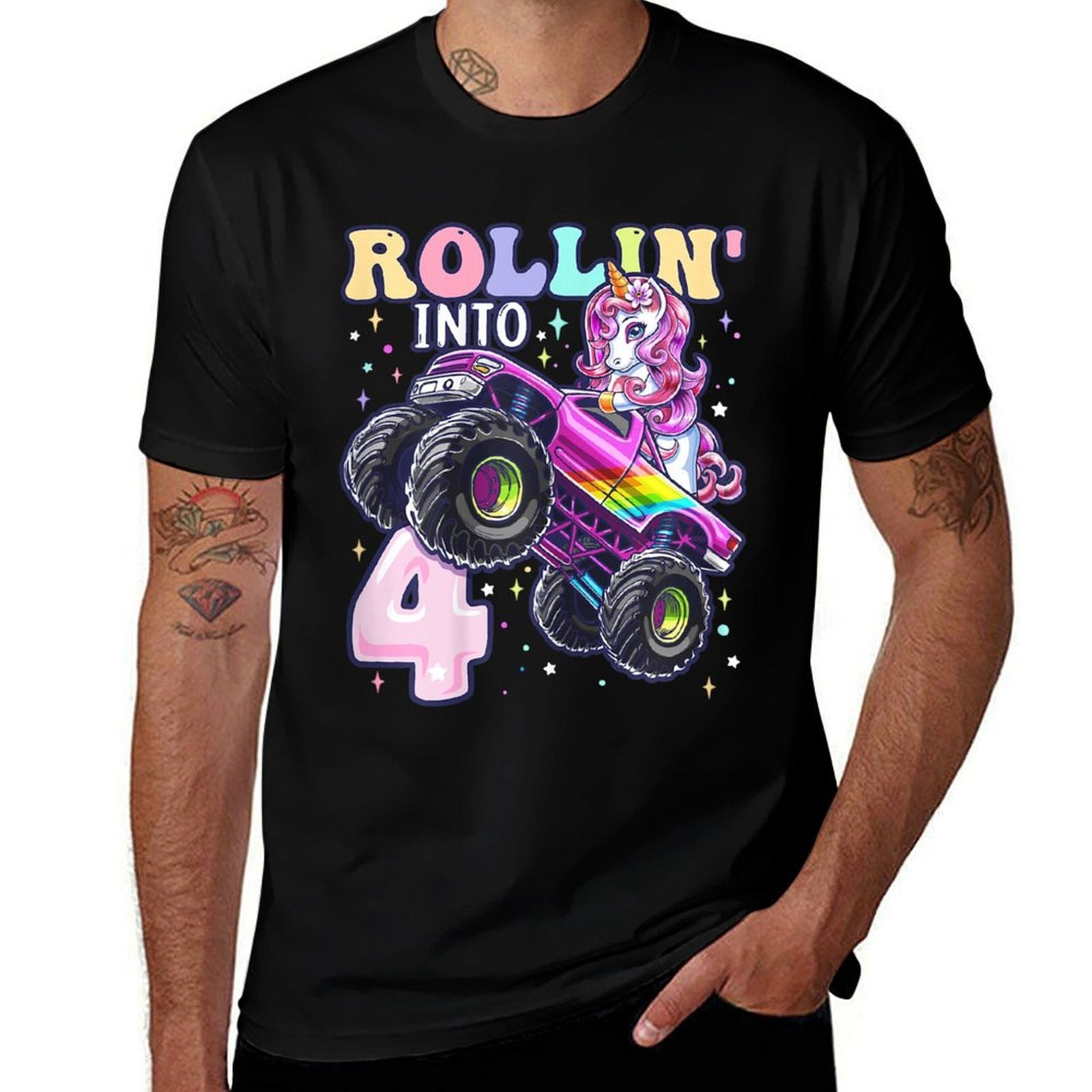 Unicorn Monster Truck 4th Birthday 4 Year Old Girls Party  Breathable T-Shirt