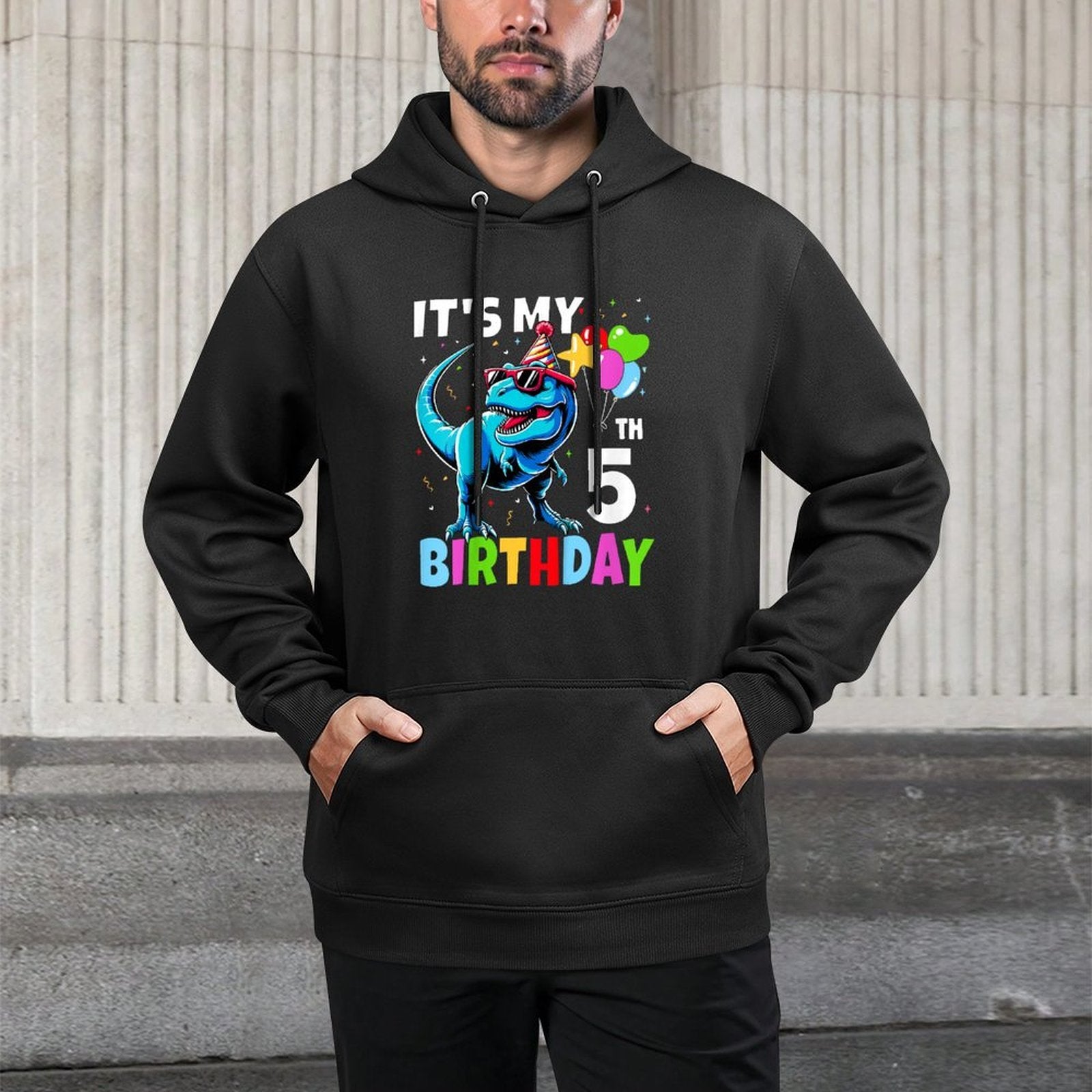 Kids 5th Birthday Boy 5yr Five 5 Year Old Dinosaur T-Rex Cotton-Polyester Blend Hoodie