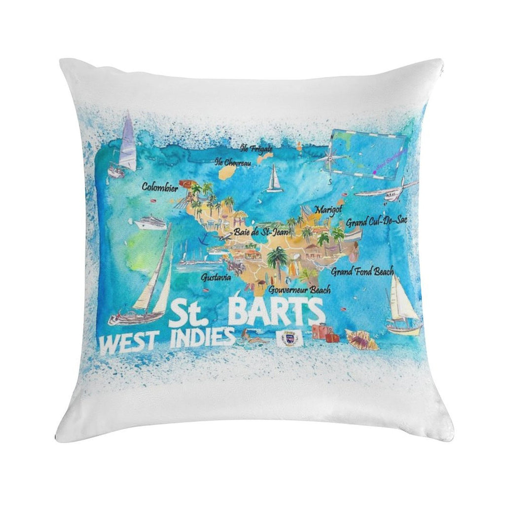 St Barts Antilles Illustrated Caribbean Map with Highlights of West Indies Island Dream Soft Bedroom Essential Throw Pillow