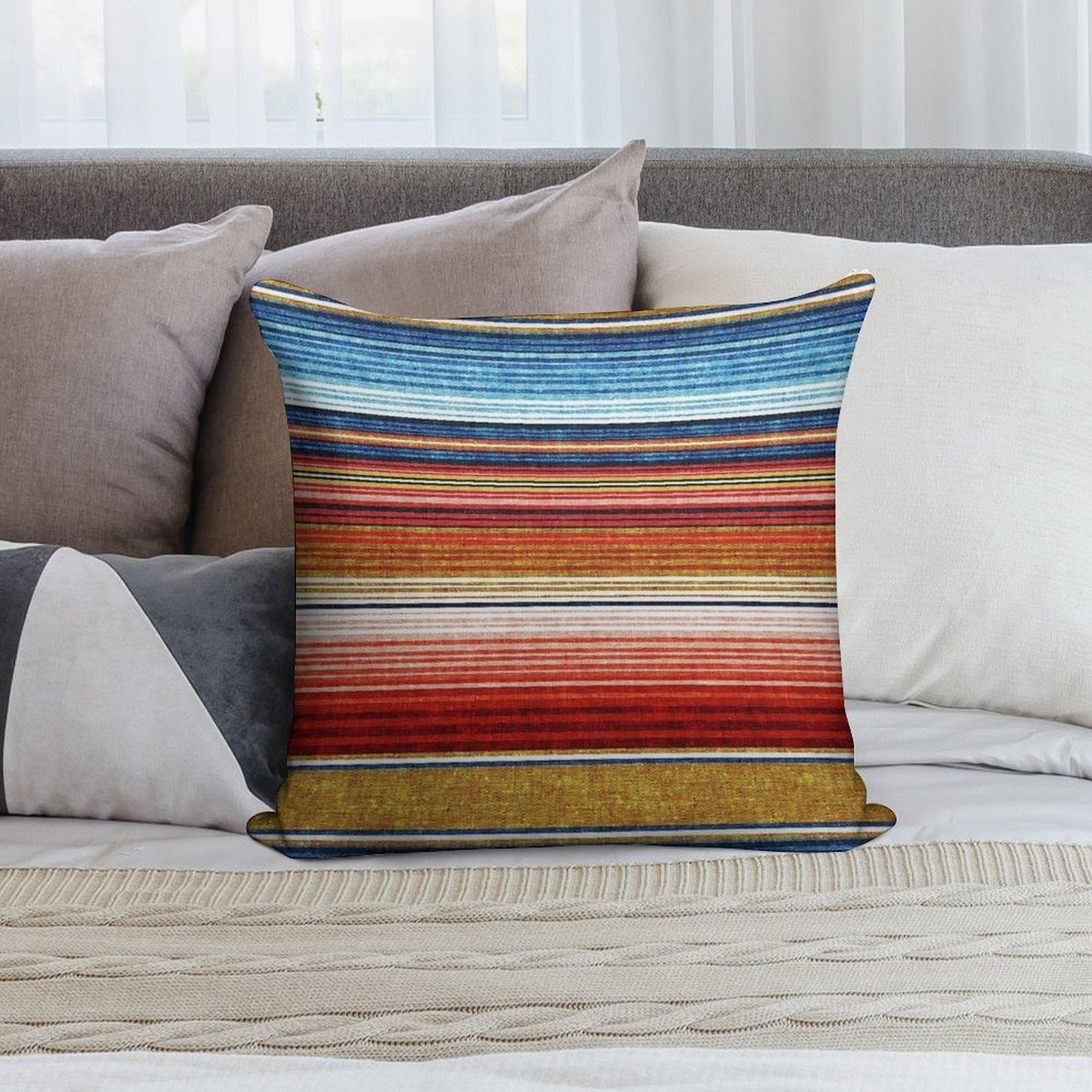 Serape Stripe - Orange And Blue Soft Home Decor Throw Pillow
