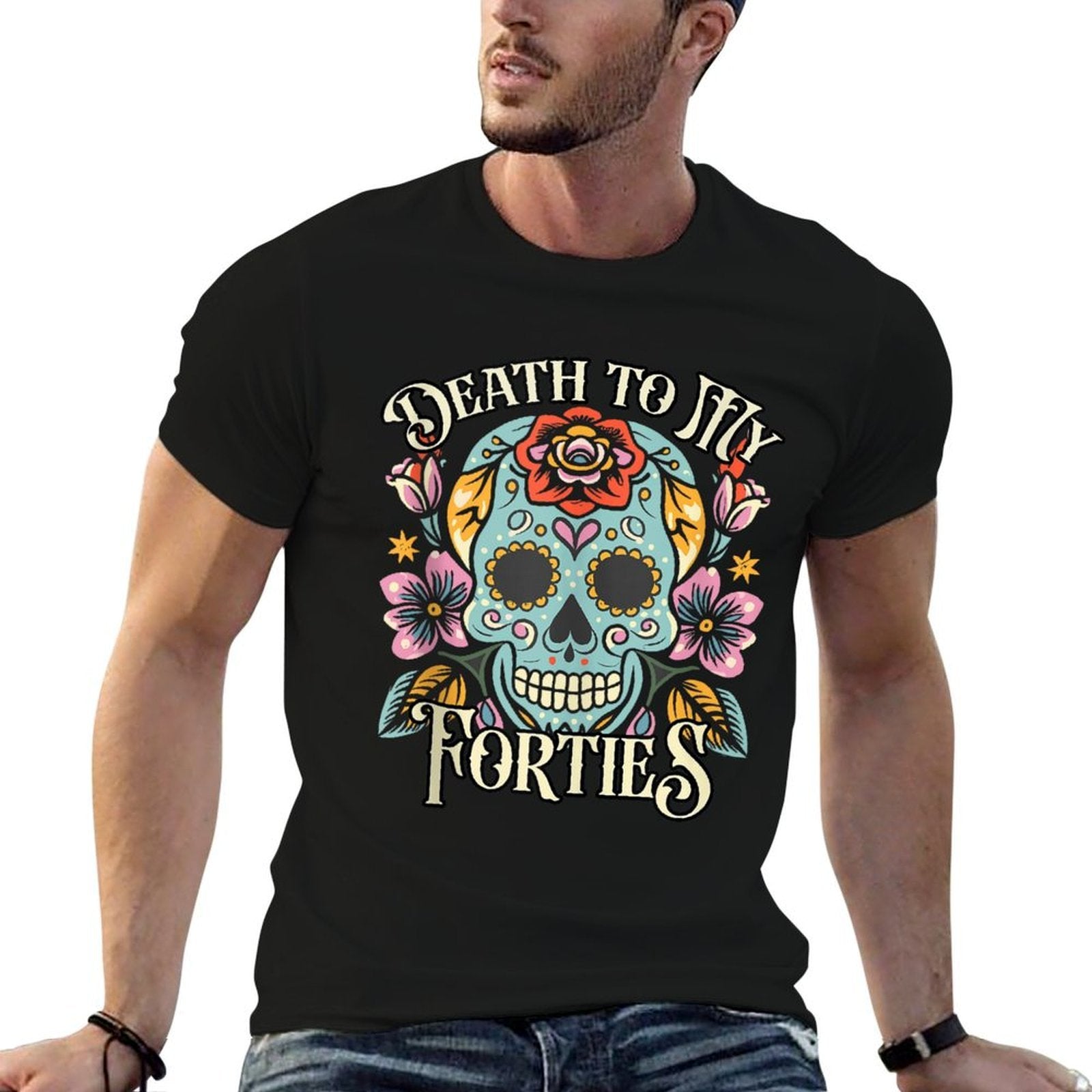 Death To My Forties RIP 40s Floral Skull 50th Birthday  Summer-ready Fabric T-Shirt