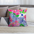 Dragonfly And Chinoiserie Jars with Pink Pansies Soft High-Density Material Throw Pillow