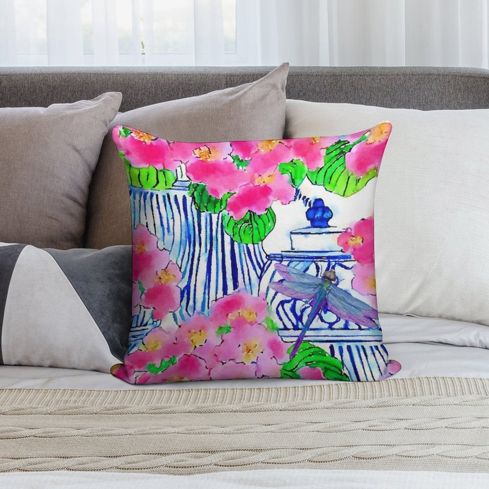 Dragonfly And Chinoiserie Jars with Pink Pansies Soft High-Density Material Throw Pillow