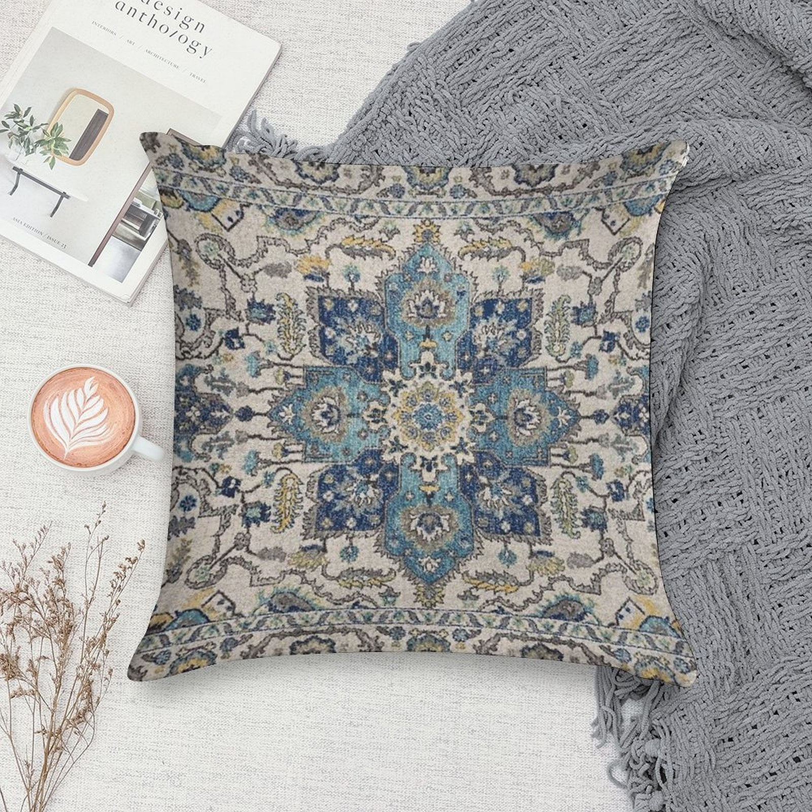 Persian Vintage Gray Blue Soft Easy Maintenance Throw Pillow