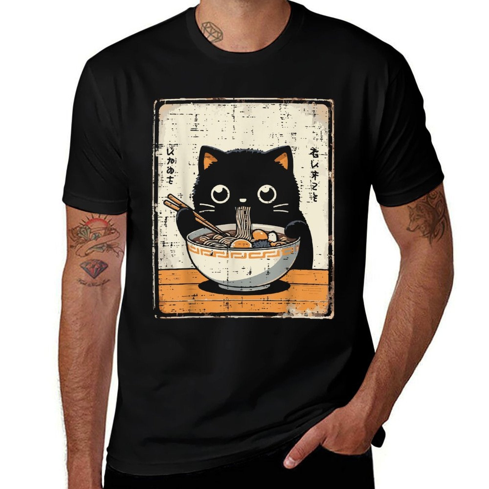 Japanese Black Cat Ramen Kawaii Noodles Art Women Girls Kids  Eco-friendly Material T-Shirt