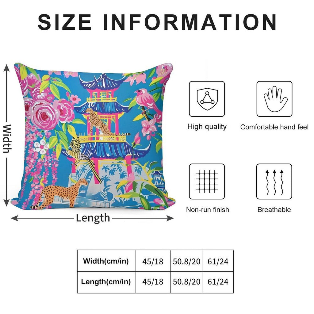 Preppy Cheetah in Chinoiserie Garden in Pink And Cornflower Blue Soft Decorative Cover Throw Pillow