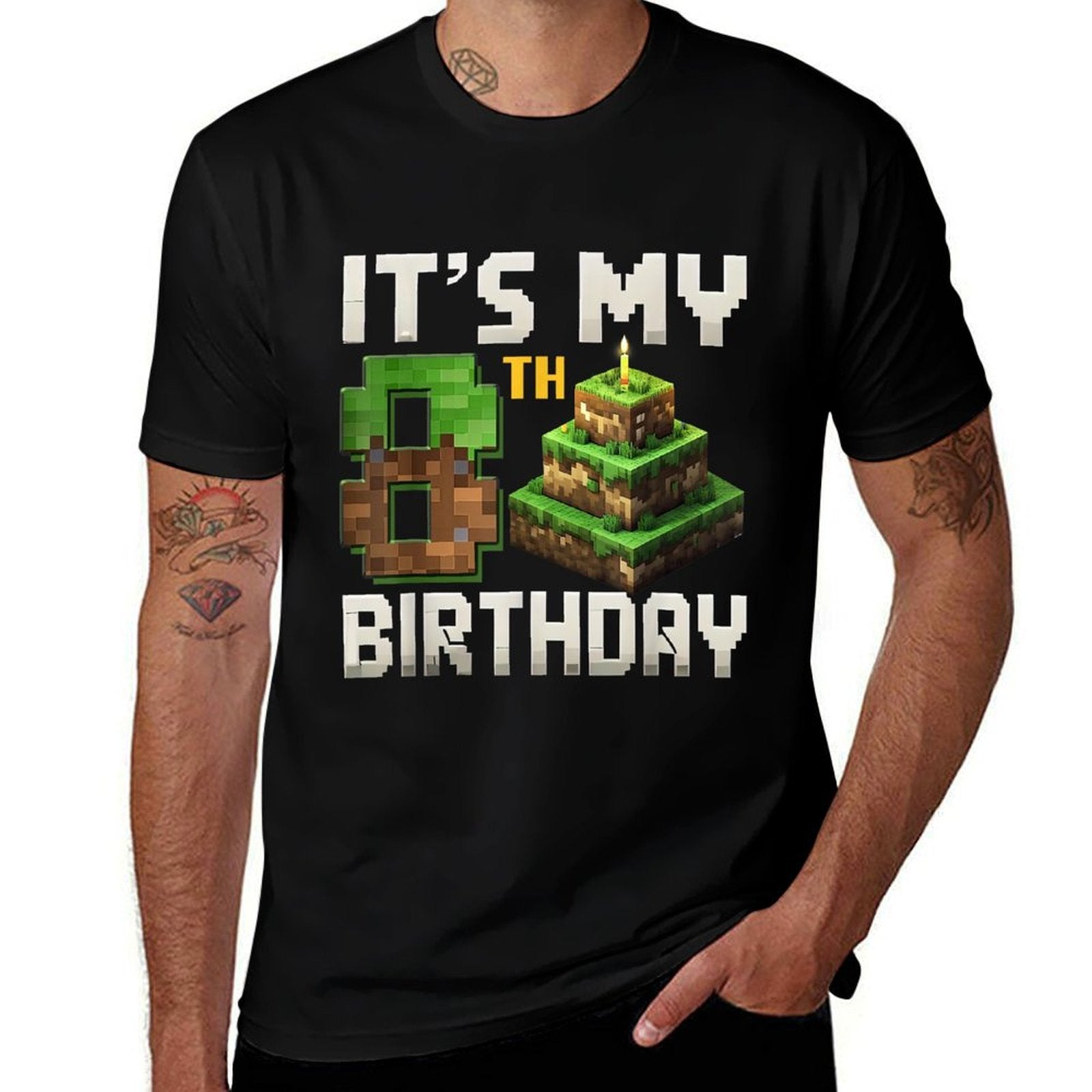 8th Birthday 8 Year Old Birthday Boy Gamer Pixel Number  Ribbed Collar T-Shirt