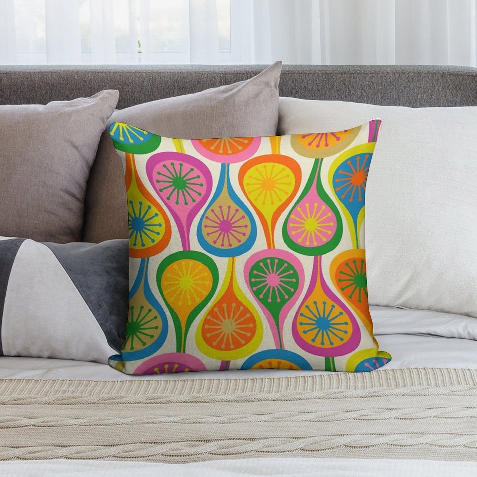 Colorful And Bright Mid Century Modern Atomic Drops Retro Pattern Soft Gift Ready Throw Pillow