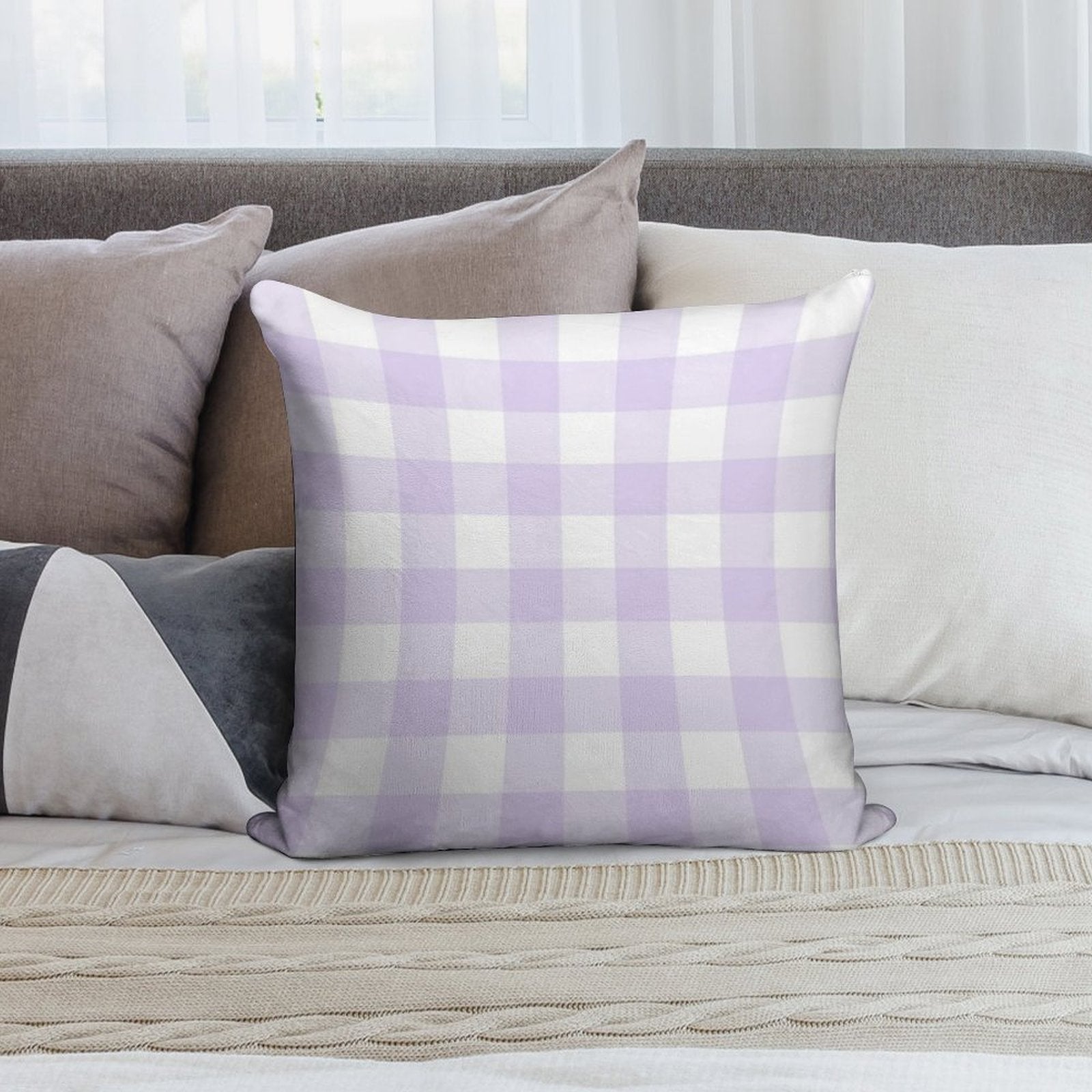 Pastel Purple Gingham Pattern (Large Wide Print) Soft Shrink-Resistant Throw Pillow
