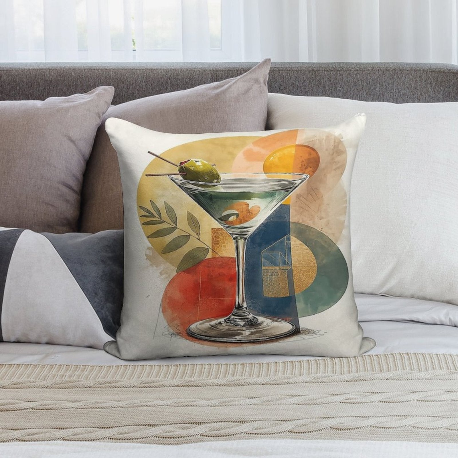 Martini Time – Retro Cocktail Poster with Bauhaus Geometry Soft Multiple Sizes Throw Pillow