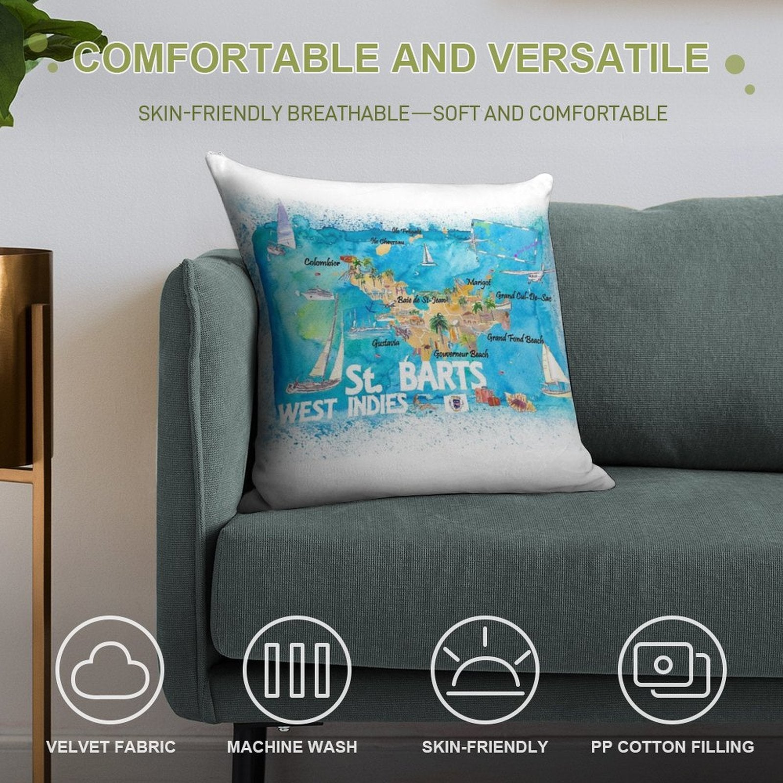 St Barts Antilles Illustrated Caribbean Map with Highlights of West Indies Island Dream Soft Bedroom Essential Throw Pillow