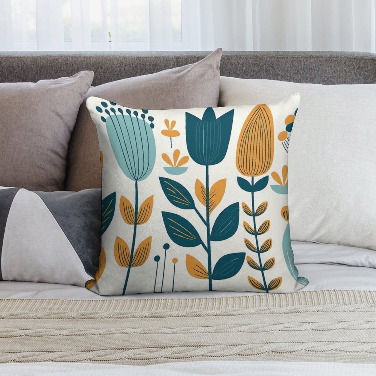 Yellow And Blue Leaves Soft Short Plush Fabric Throw Pillow