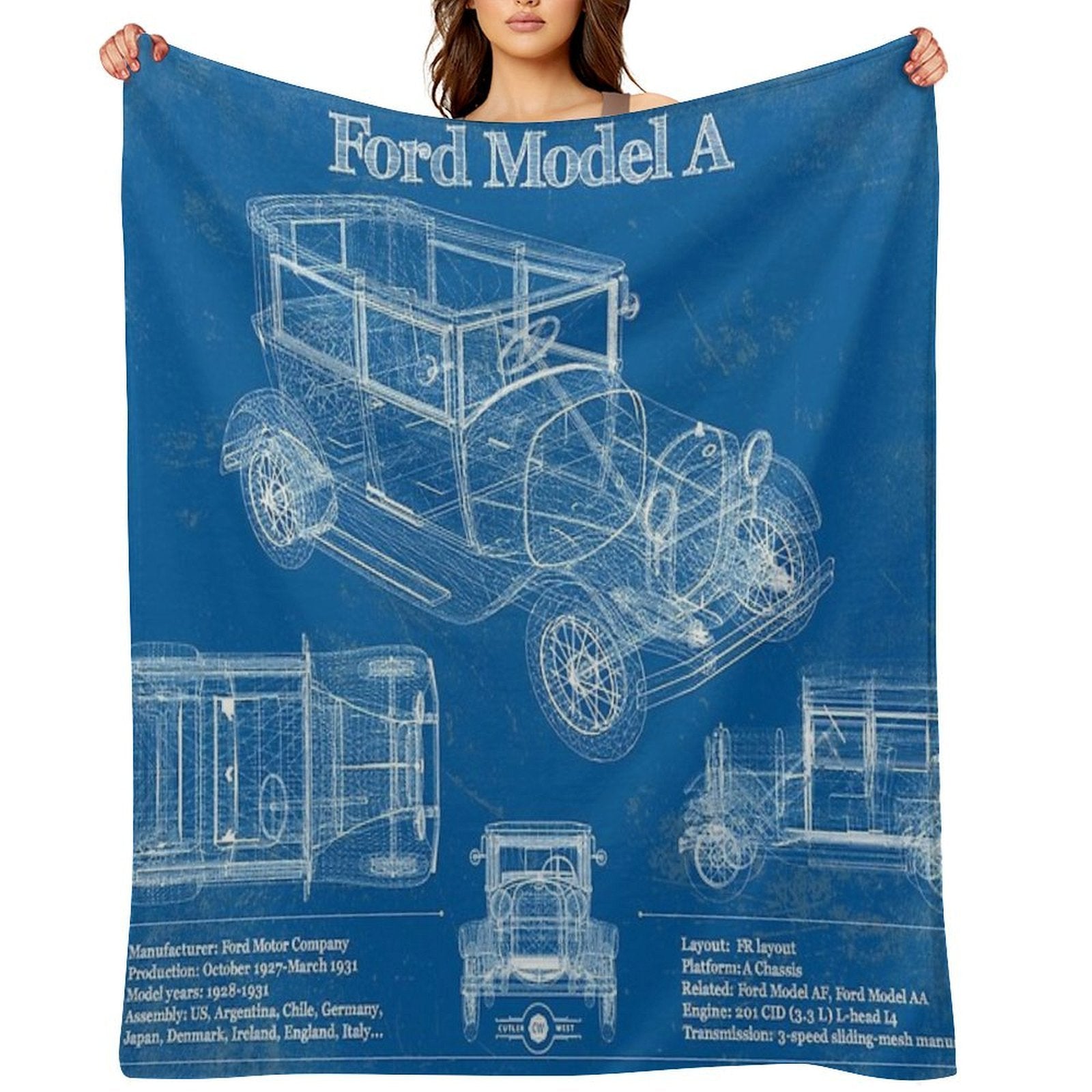 Ford Model A Vintage Blueprint Plush Throw Blanket