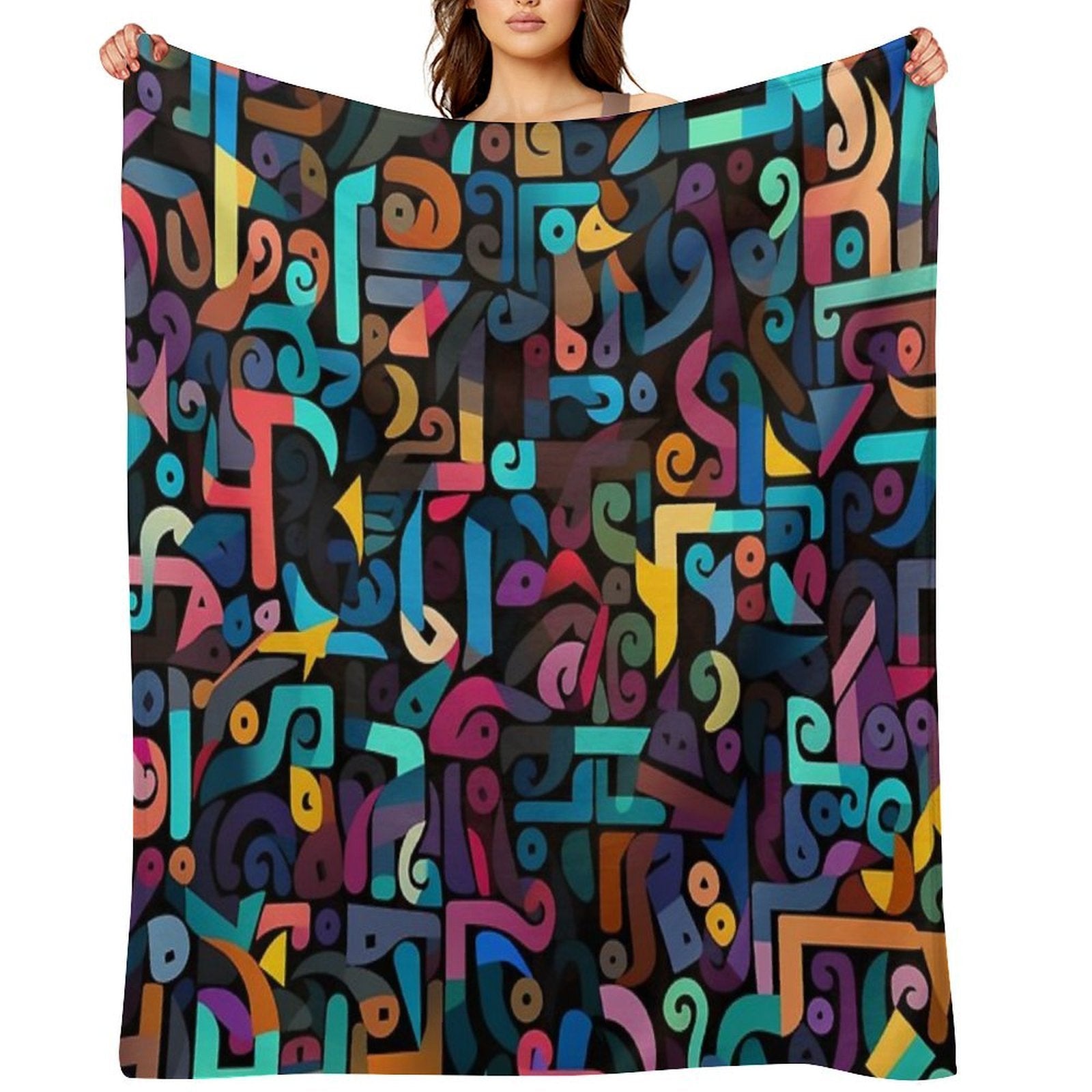 Colorful Fantasy Pattern Orange Yellow Green Red Turquoise Black Ornaments Easy Care Throw Blanket