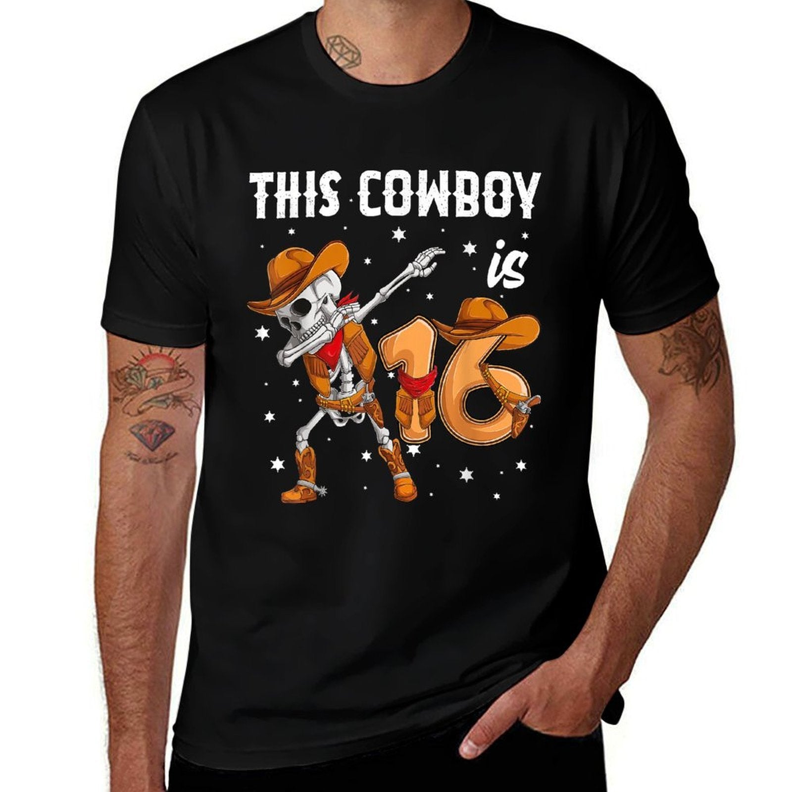 16 Year Old Cowboy Western Dabbing Skeleton 16th Birthday  Heathered Texture T-Shirt