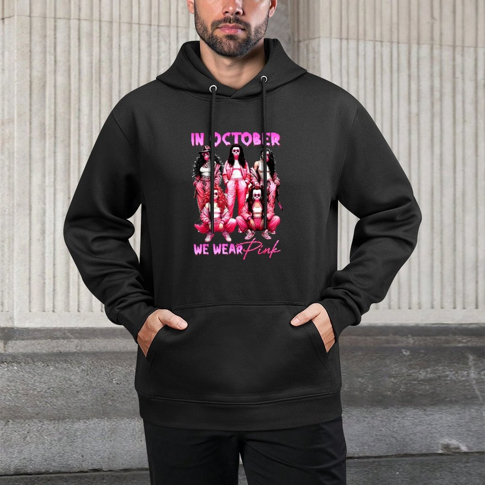 In October We Wear Pink Horror Breast Cancer Awareness Meme Pilling-Resistant Hoodie