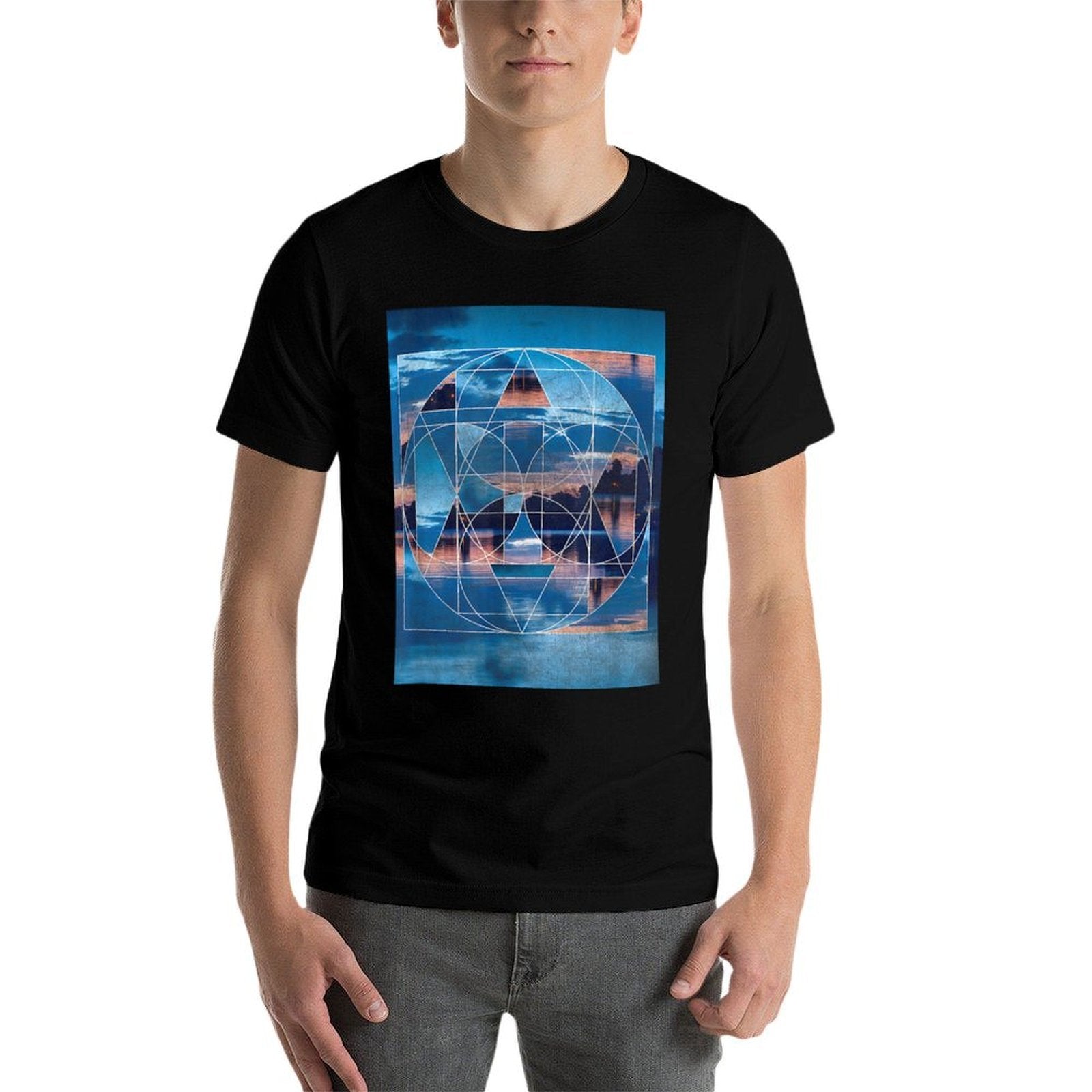Geometric Blue Lake Abstract Sacred Geometry Landscape  Vintage-inspired T-Shirt