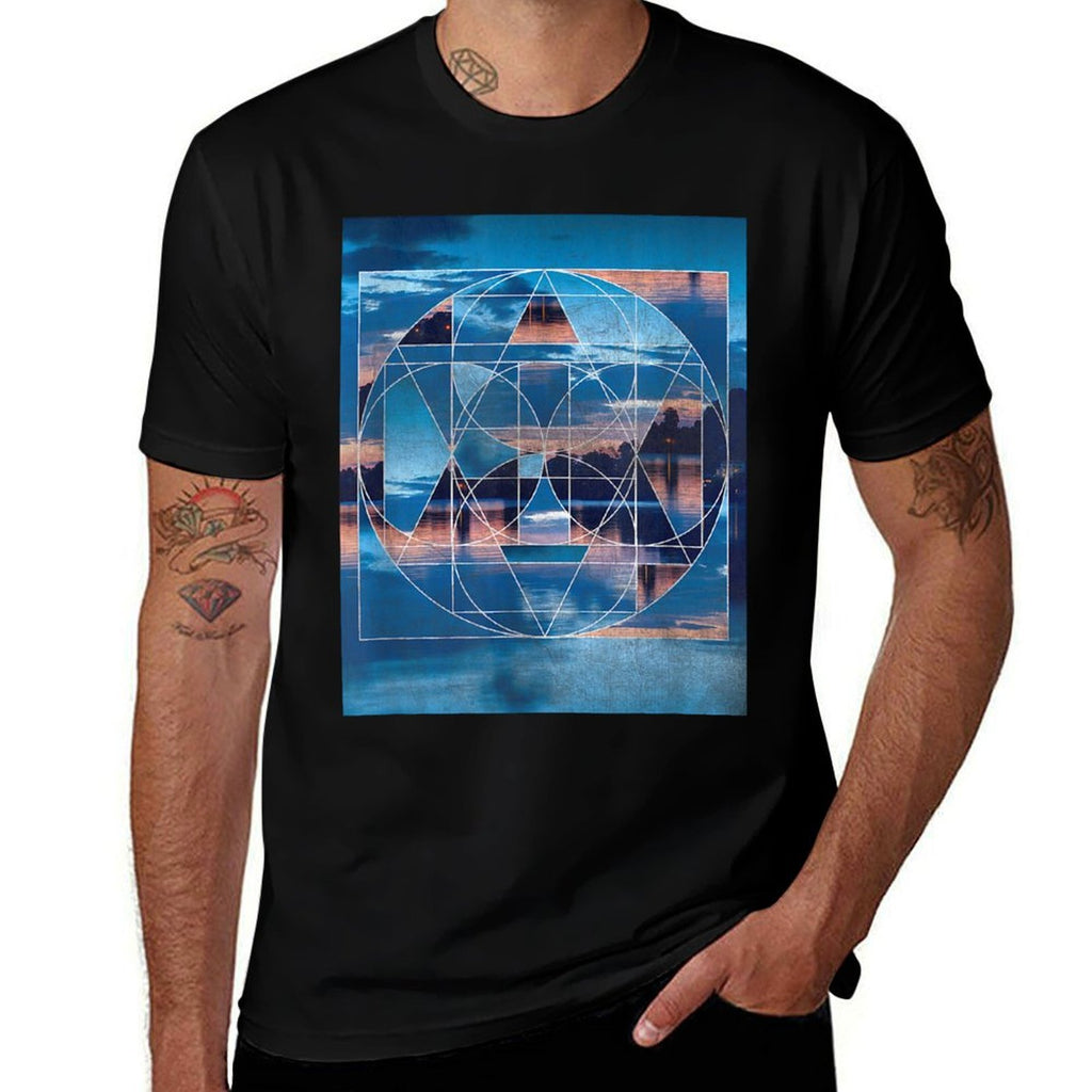Geometric Blue Lake Abstract Sacred Geometry Landscape  Vintage-inspired T-Shirt