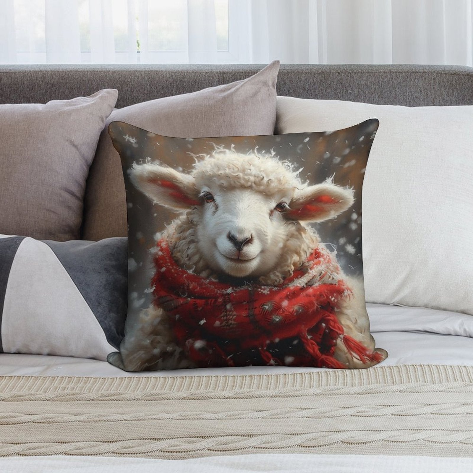 Sheep in The Snow with A Red Scarf Soft Anti-Pilling Throw Pillow
