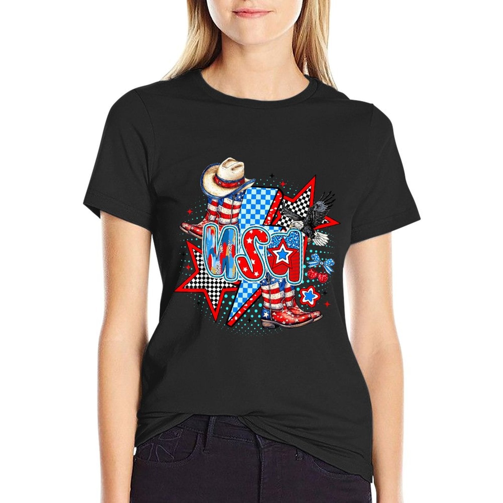 Retro USA Cowboy Boots Western Patriotic 4th of July  Vintage-inspired T-Shirt