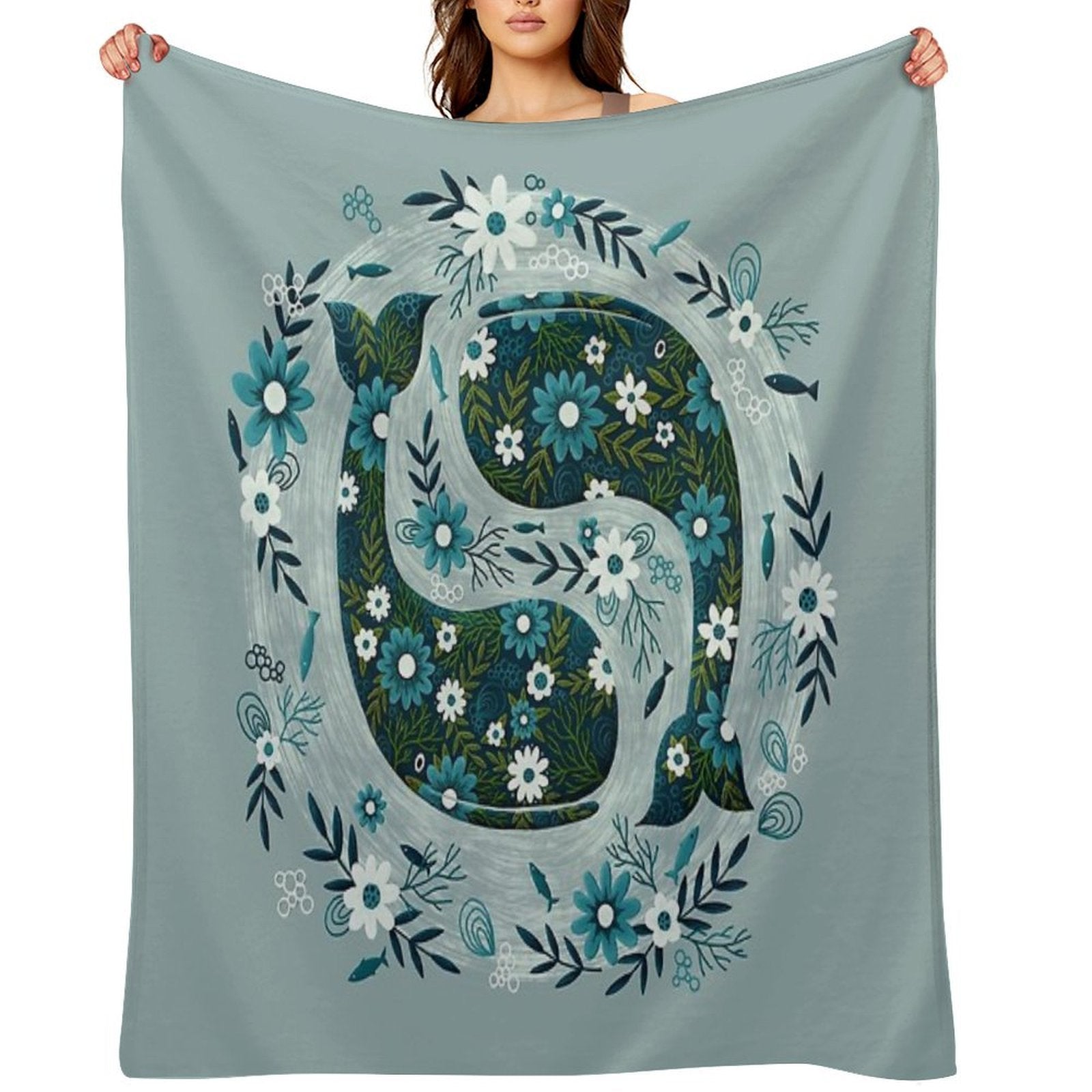 Pretty Floral Whales Circle in Blues And Greens Multi-functional Throw Blanket