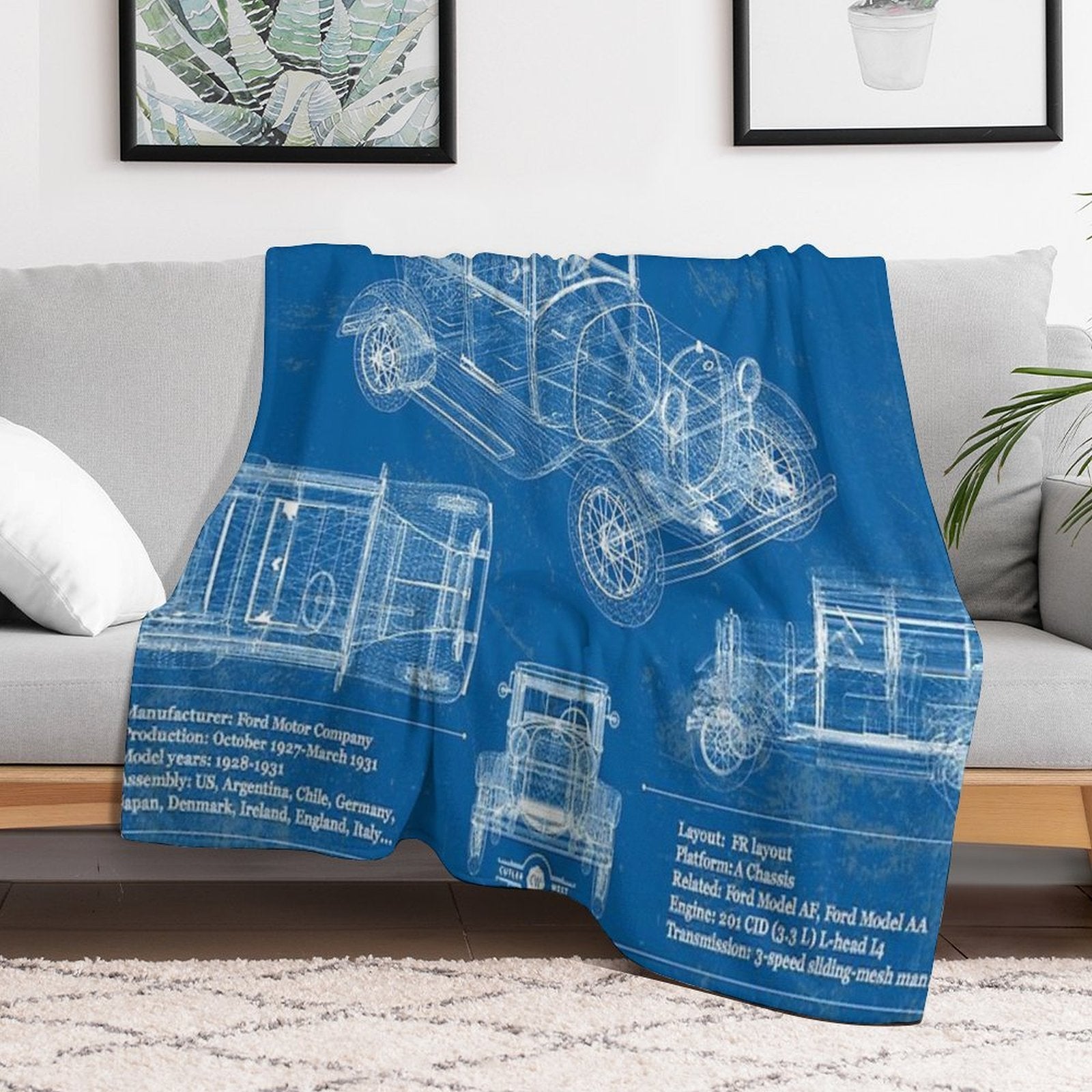 Ford Model A Vintage Blueprint Plush Throw Blanket