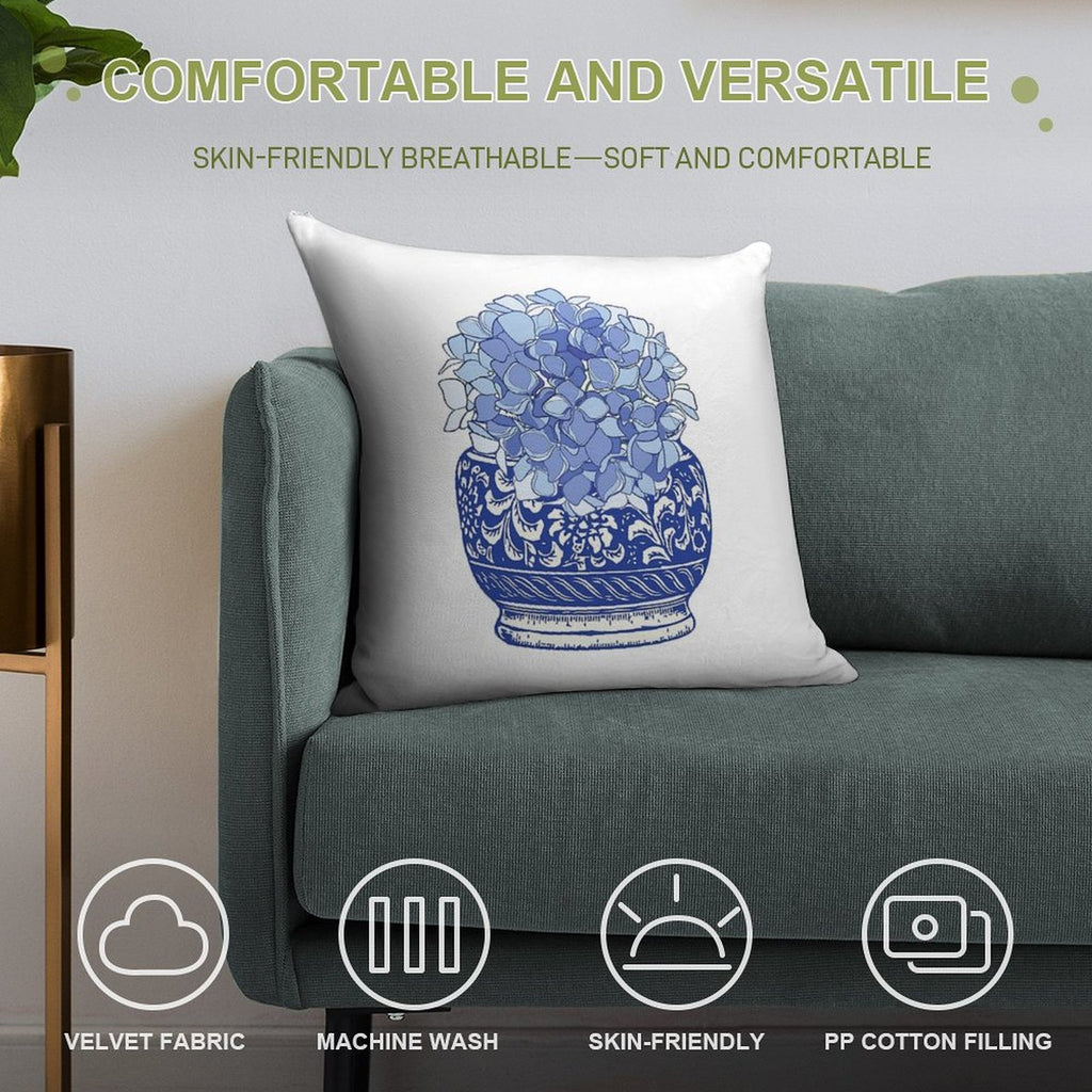 Blue And White Vase with Blue Hydrangeas Soft Hidden Zipper Throw Pillow