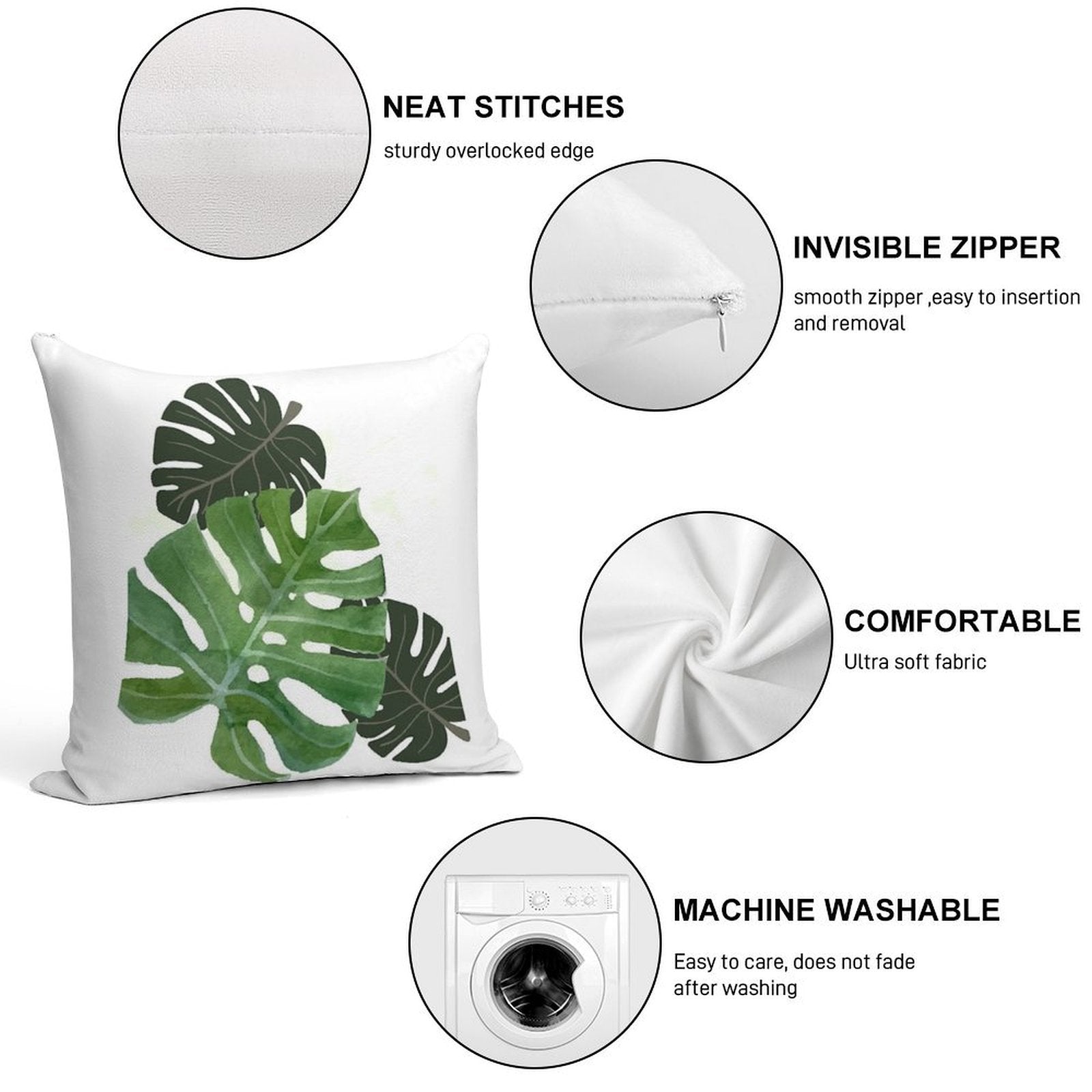 Monstera Leaf Soft Washable Throw Pillow