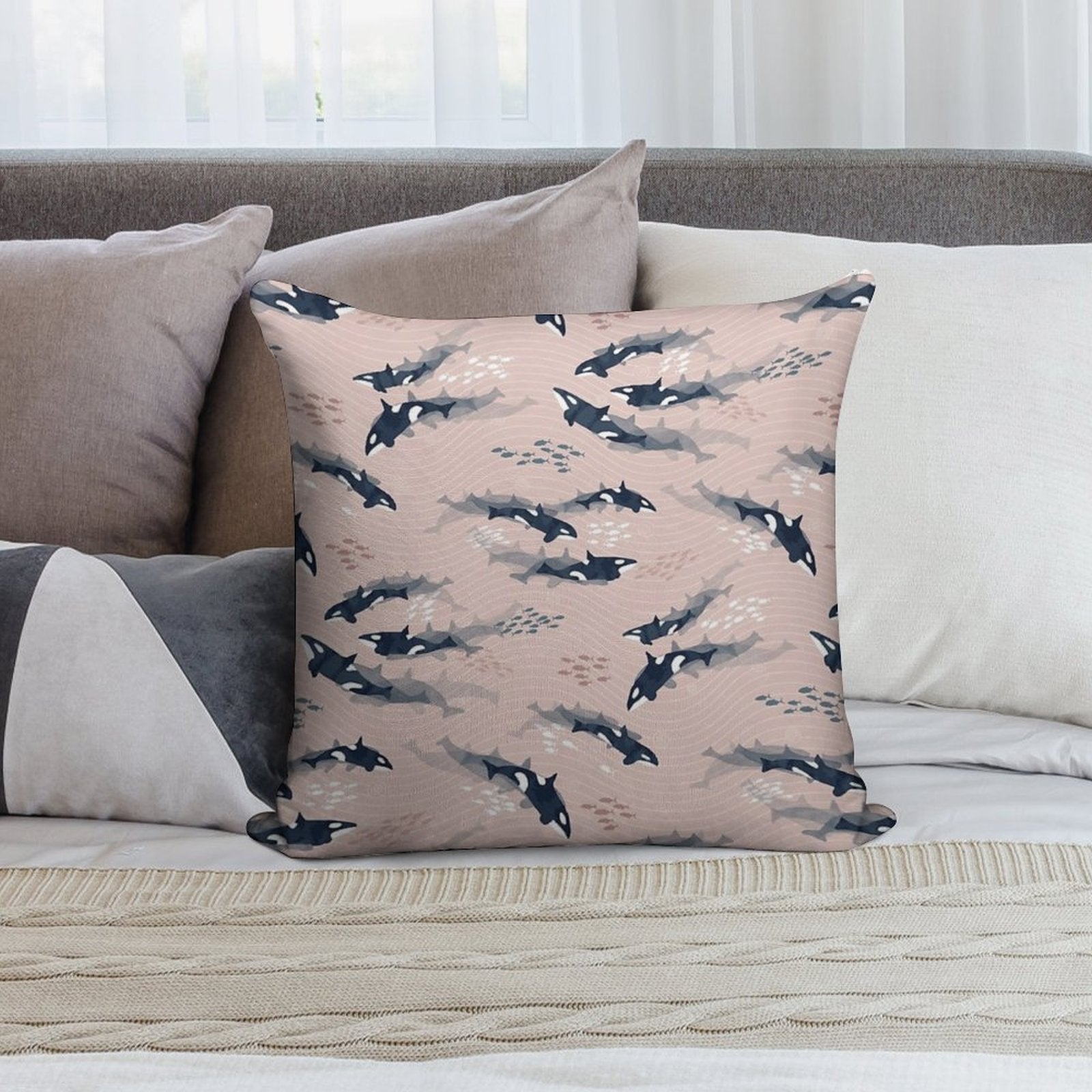 Orca in Motion  Blush Ocean Pattern Soft Hidden Zipper Throw Pillow