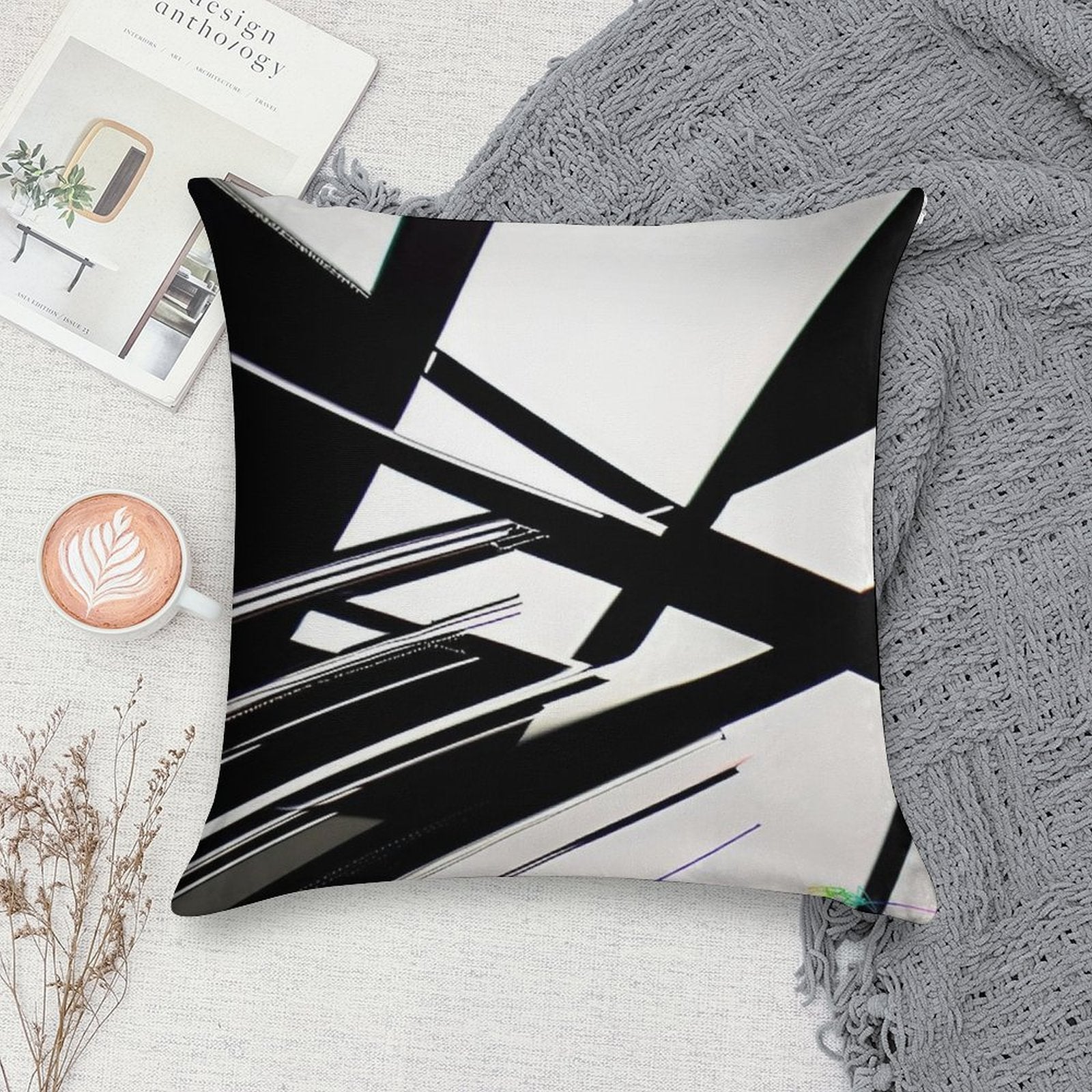 Abstract Geometric Black And White 77 Soft Short Plush Fabric Throw Pillow