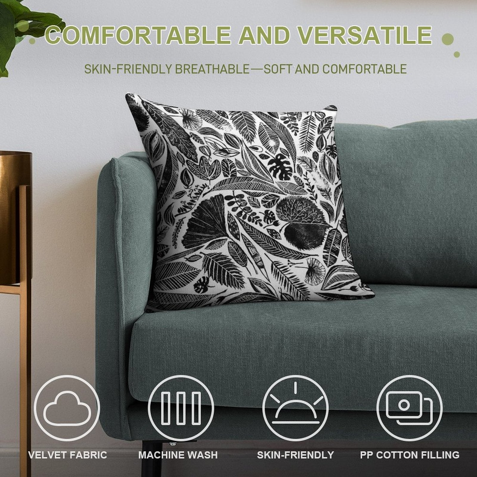 Mixed Leaves, Lino Cut Printed Nature Inspired Hand Printed Pattern Soft Washable Throw Pillow