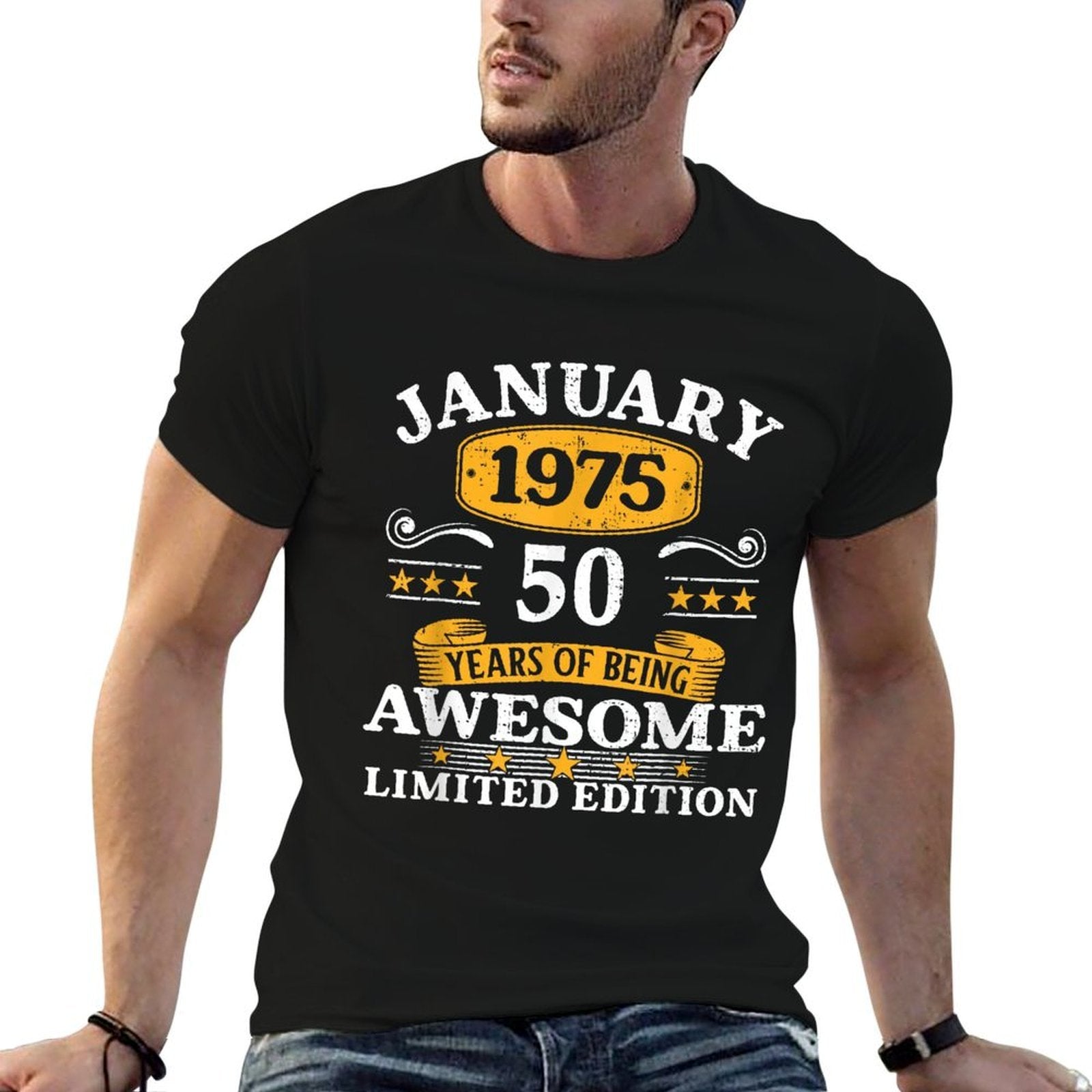 50 Years Old Awesome Since January 1975 50th Birthday Gifts  Ribbed Collar T-Shirt