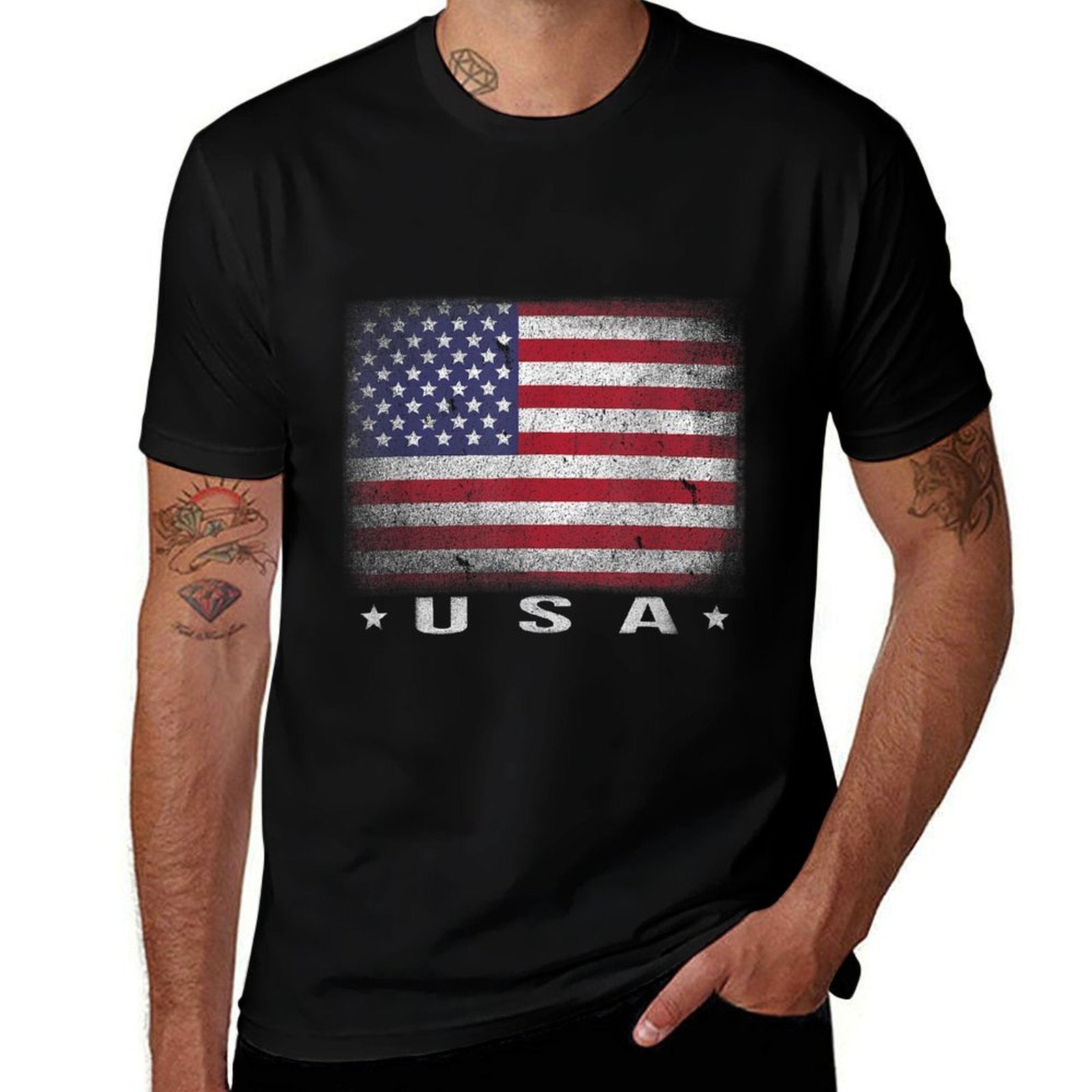 American Flag USA July 4th White Blue Red Faded Stripe Star  Polyester Blend T-Shirt