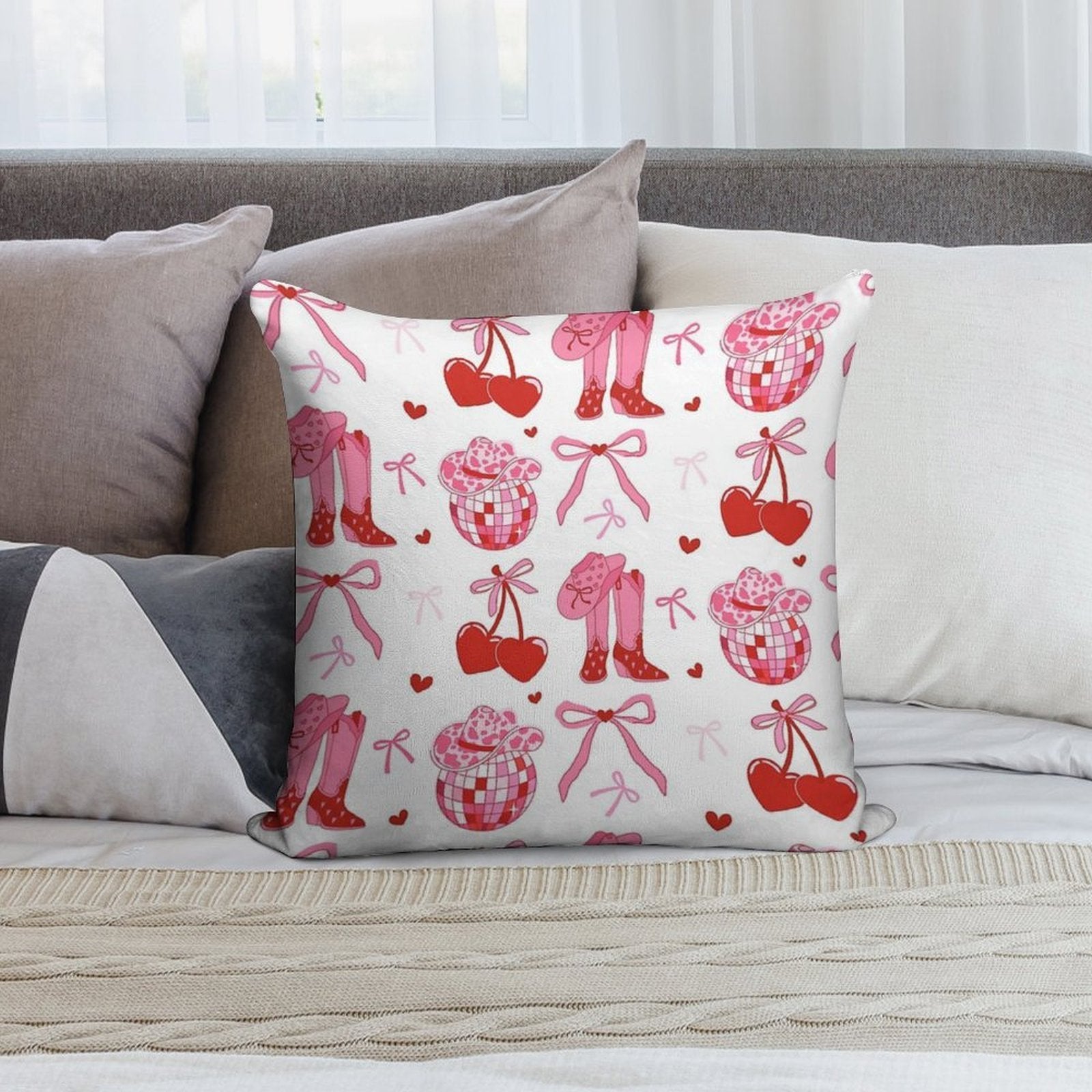 Disco Cowgirl Pack. Pink Cowboy Boot, Disco Ball, Cherry, Bows And Cowgirl Hat. Soft High-Density Material Throw Pillow