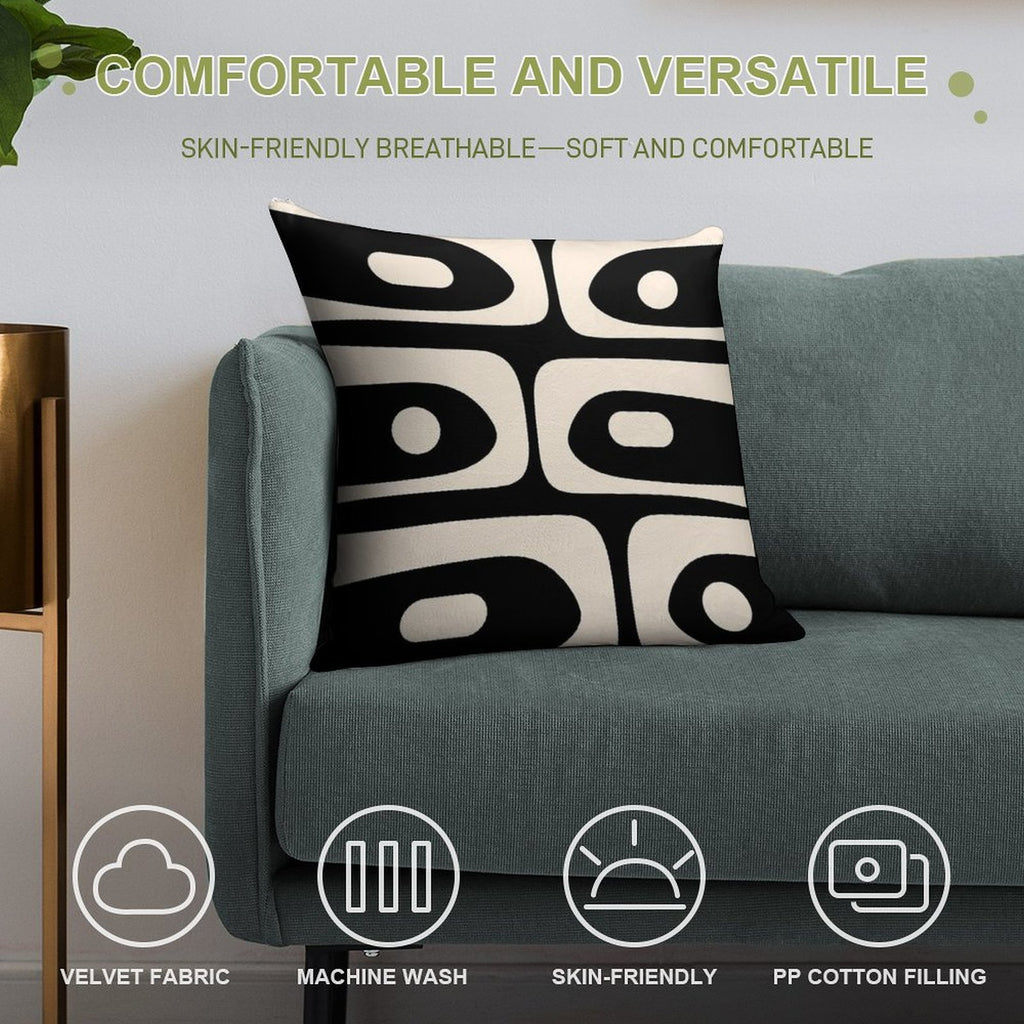 Mid Century Modern Piquet Abstract Pattern Black And Almond Cream Soft Gift Ready Throw Pillow