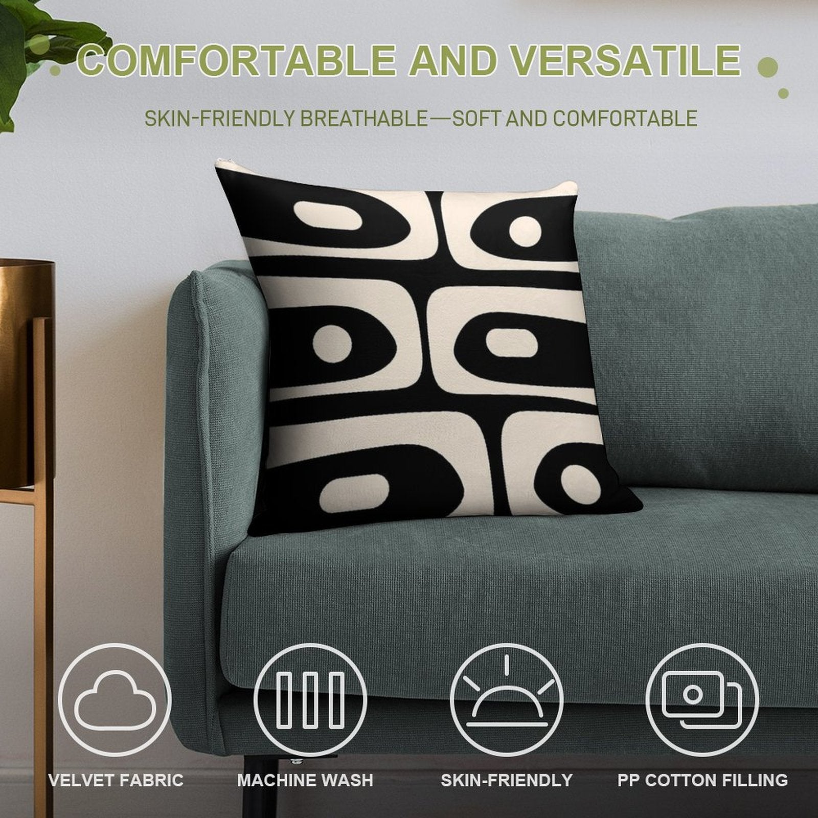 Mid Century Modern Piquet Abstract Pattern Black And Almond Cream Soft Gift Ready Throw Pillow