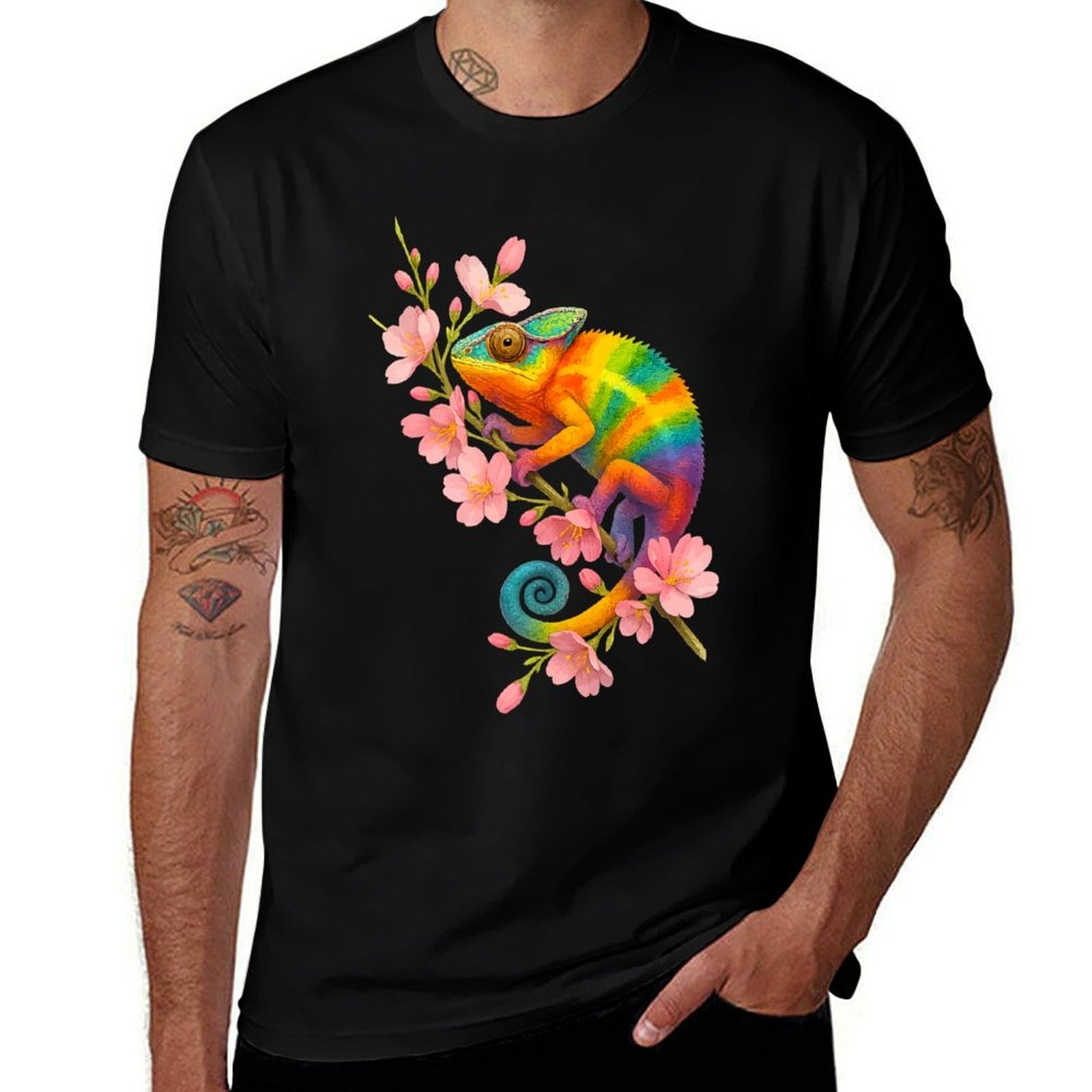 Rainbow Chameleon Colorful Reptile Art with Floral Branch Premium  Oversized Silhouette T-Shirt