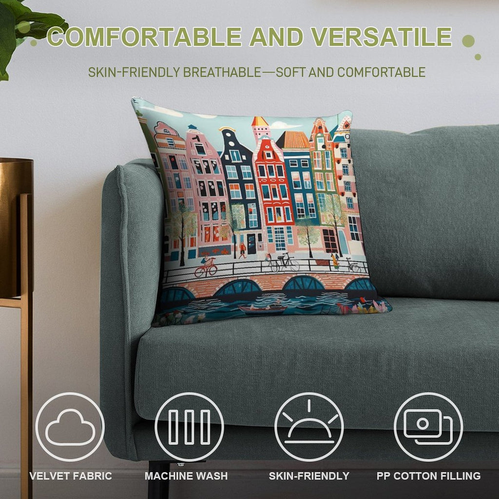 Amsterdam Canal Poster - Colorful Houses And Buildings Illustration Soft Gift Ready Throw Pillow