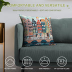 Amsterdam Canal Poster - Colorful Houses And Buildings Illustration Soft Gift Ready Throw Pillow