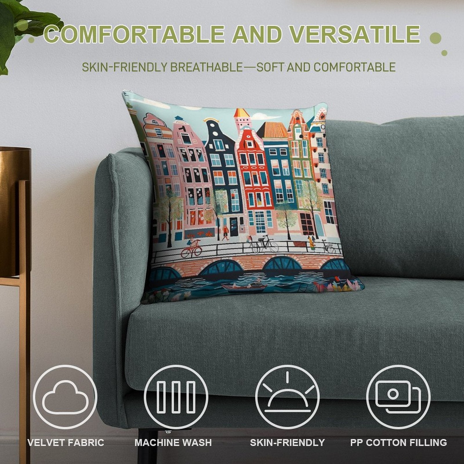 Amsterdam Canal Poster - Colorful Houses And Buildings Illustration Soft Gift Ready Throw Pillow