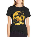 Tropical Palm Trees with Sailboat Beach Island Sunset  Soft T-Shirt