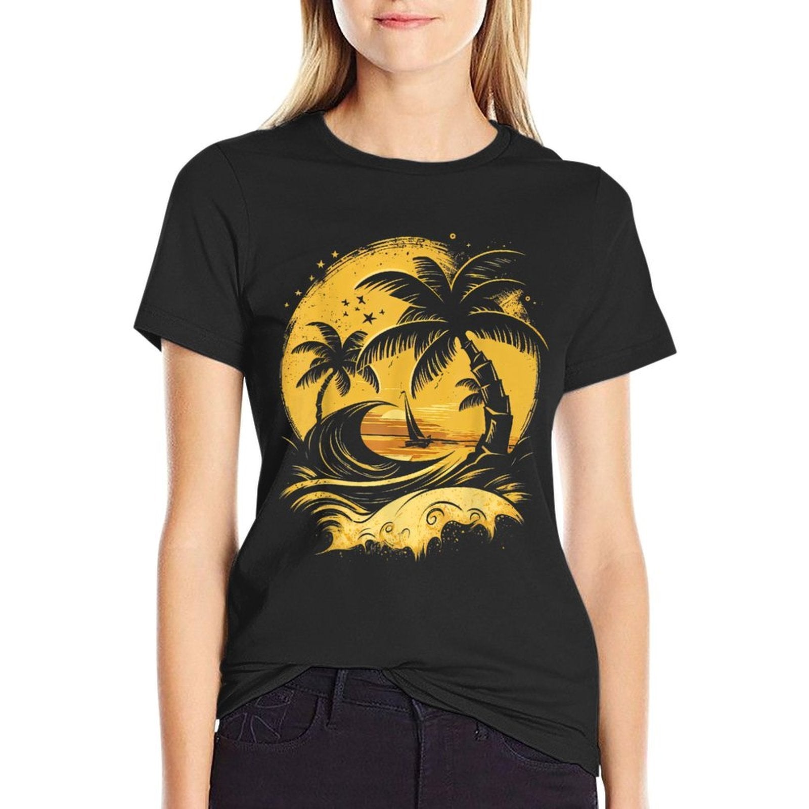 Tropical Palm Trees with Sailboat Beach Island Sunset  Soft T-Shirt