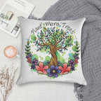 Green Trees And Flowers Eco Design Soft Reinforced Edging Throw Pillow