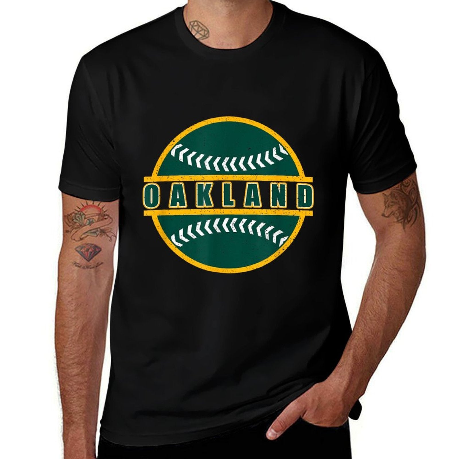 Vintage Oakland California Dark Green Yellow Retro Throwback  Rolled Sleeves T-Shirt