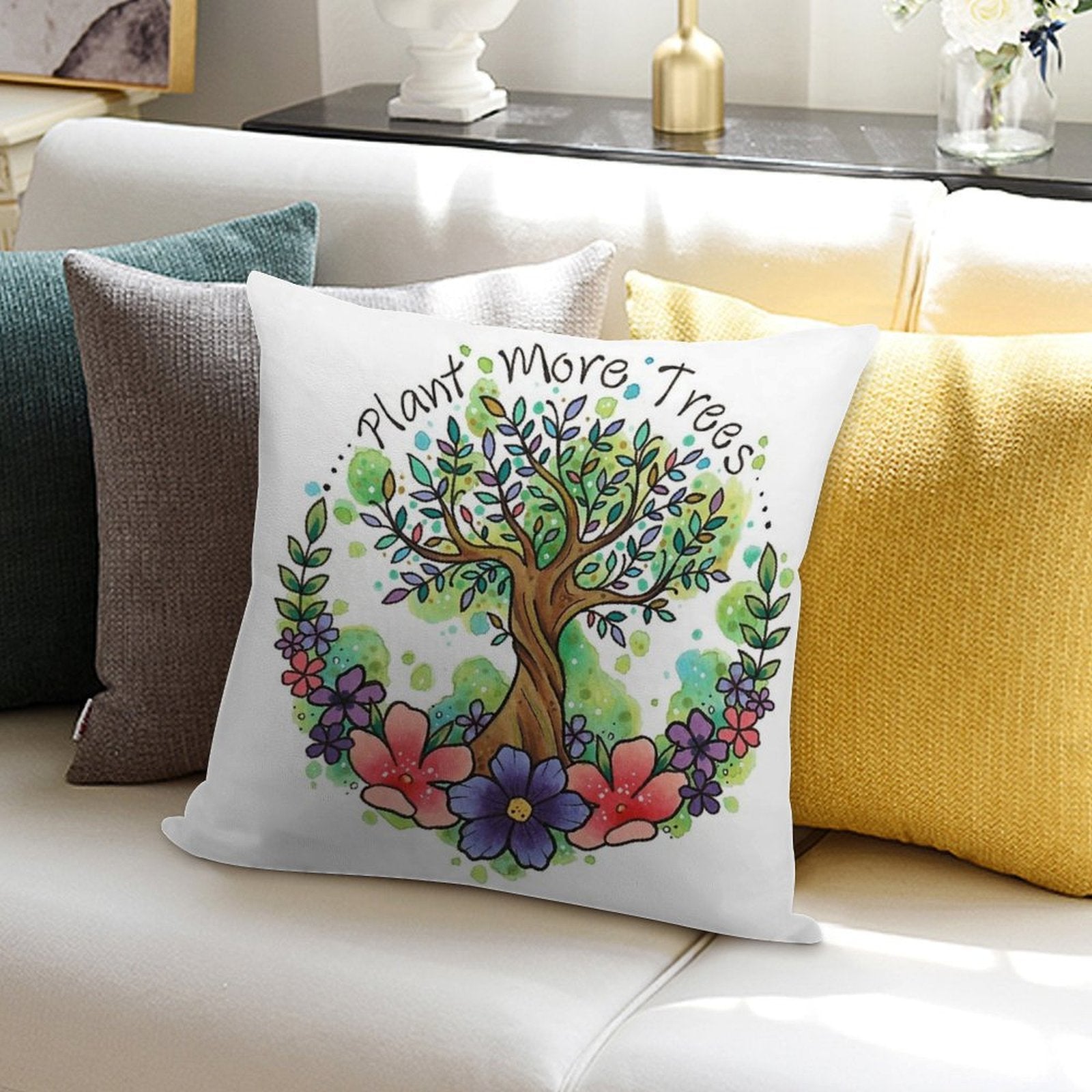 Green Trees And Flowers Eco Design Soft Reinforced Edging Throw Pillow