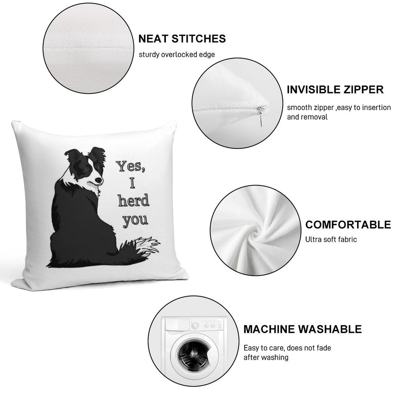 Yes I Herd You Border Collie Soft Luxury Feel Throw Pillow