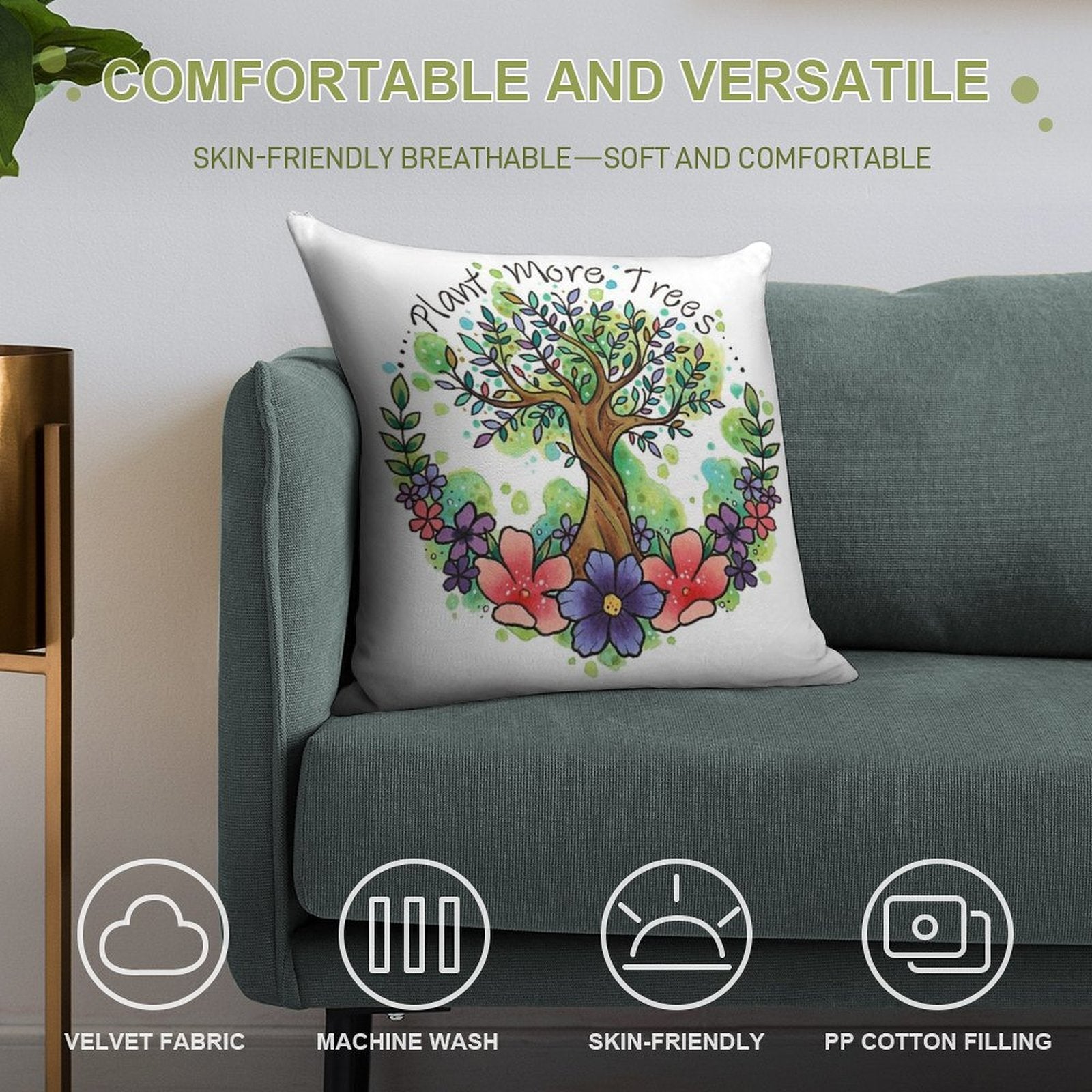 Green Trees And Flowers Eco Design Soft Reinforced Edging Throw Pillow